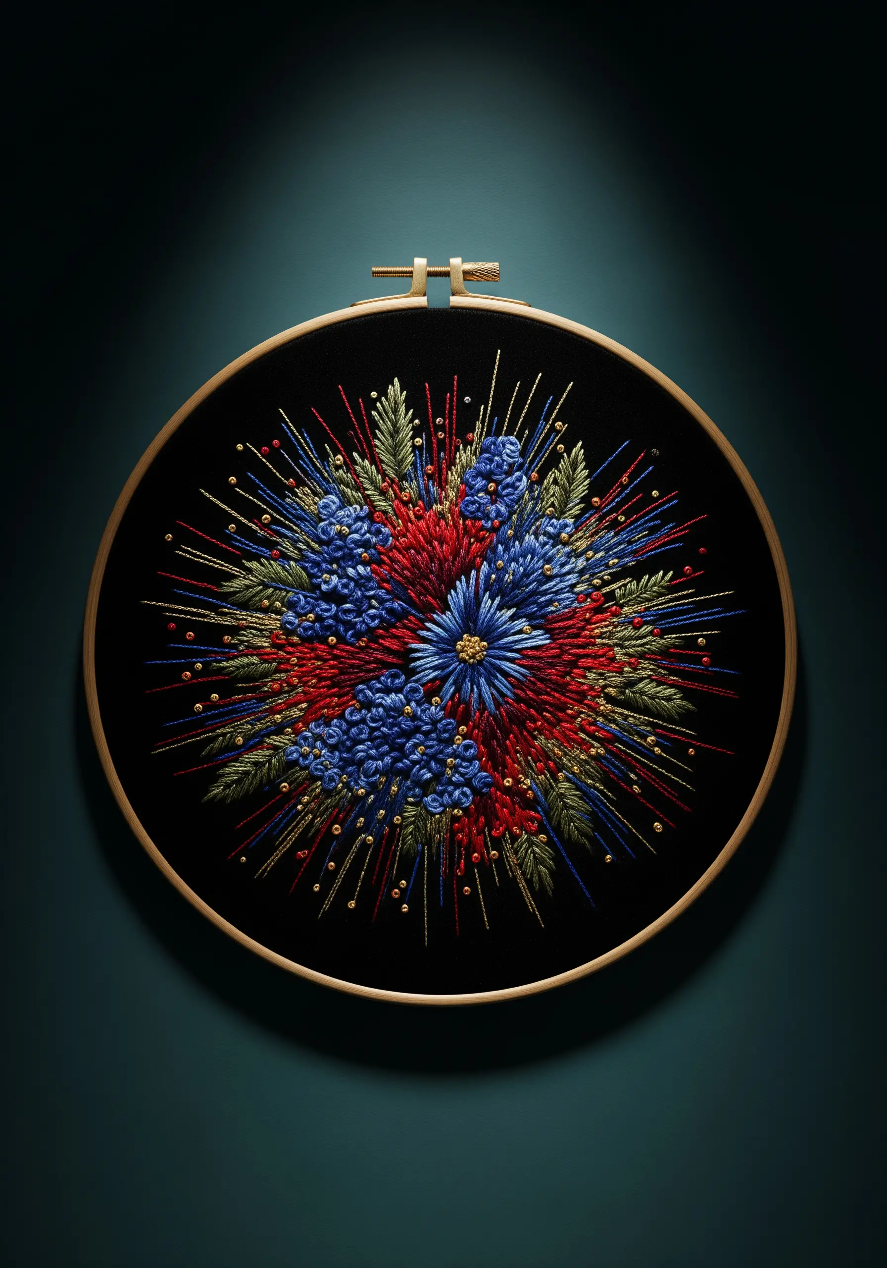 An explosive floral burst of red and blue stitches on black fabric