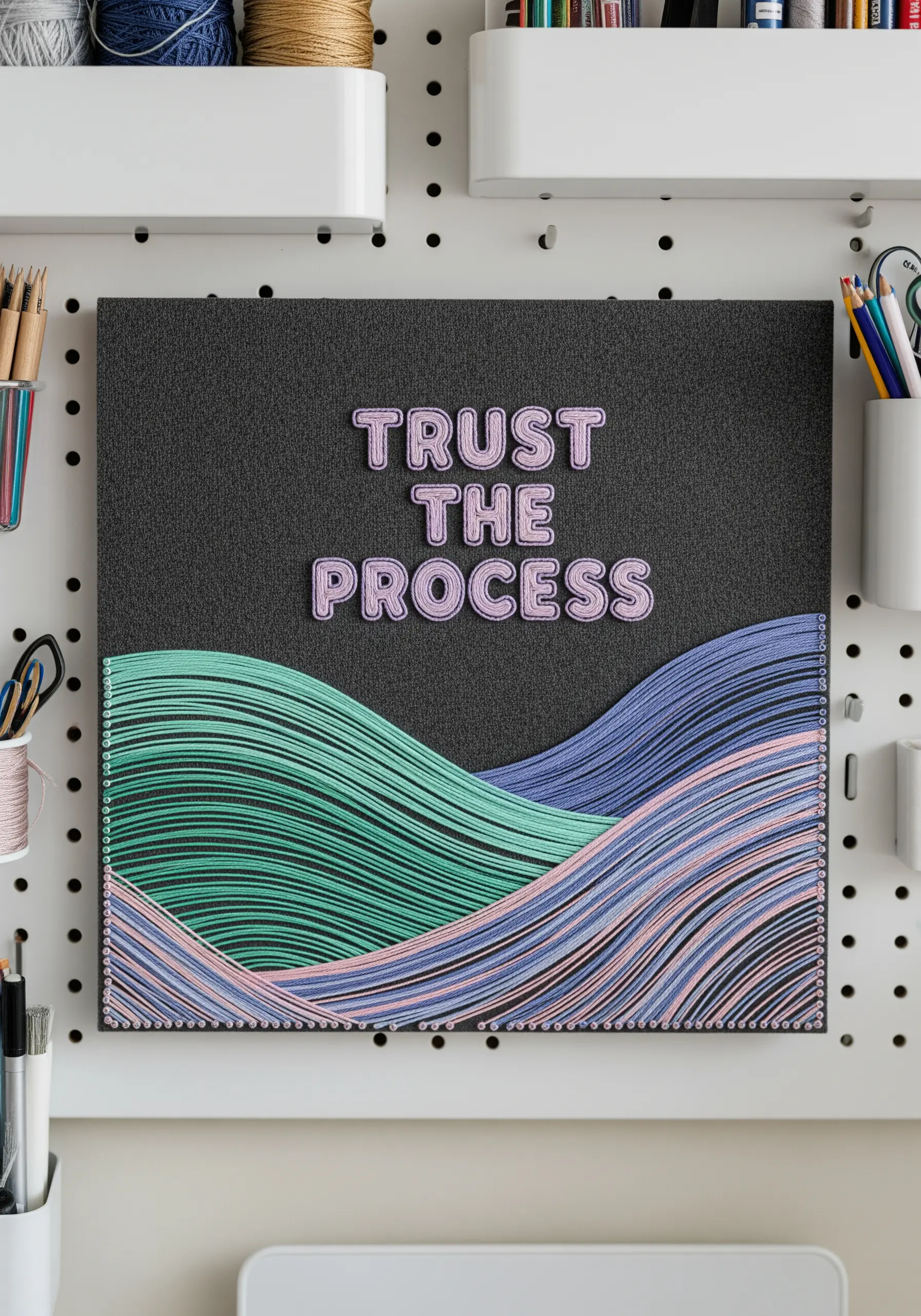 String art of flowing waves in green, blue, and pink hues with 'TRUST THE PROCESS' above.