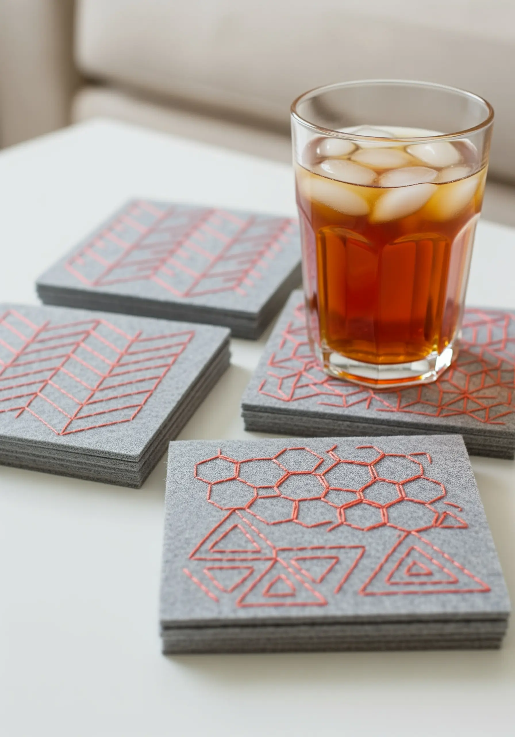A set of grey felt coasters embroidered with various geometric patterns in bright orange thread.