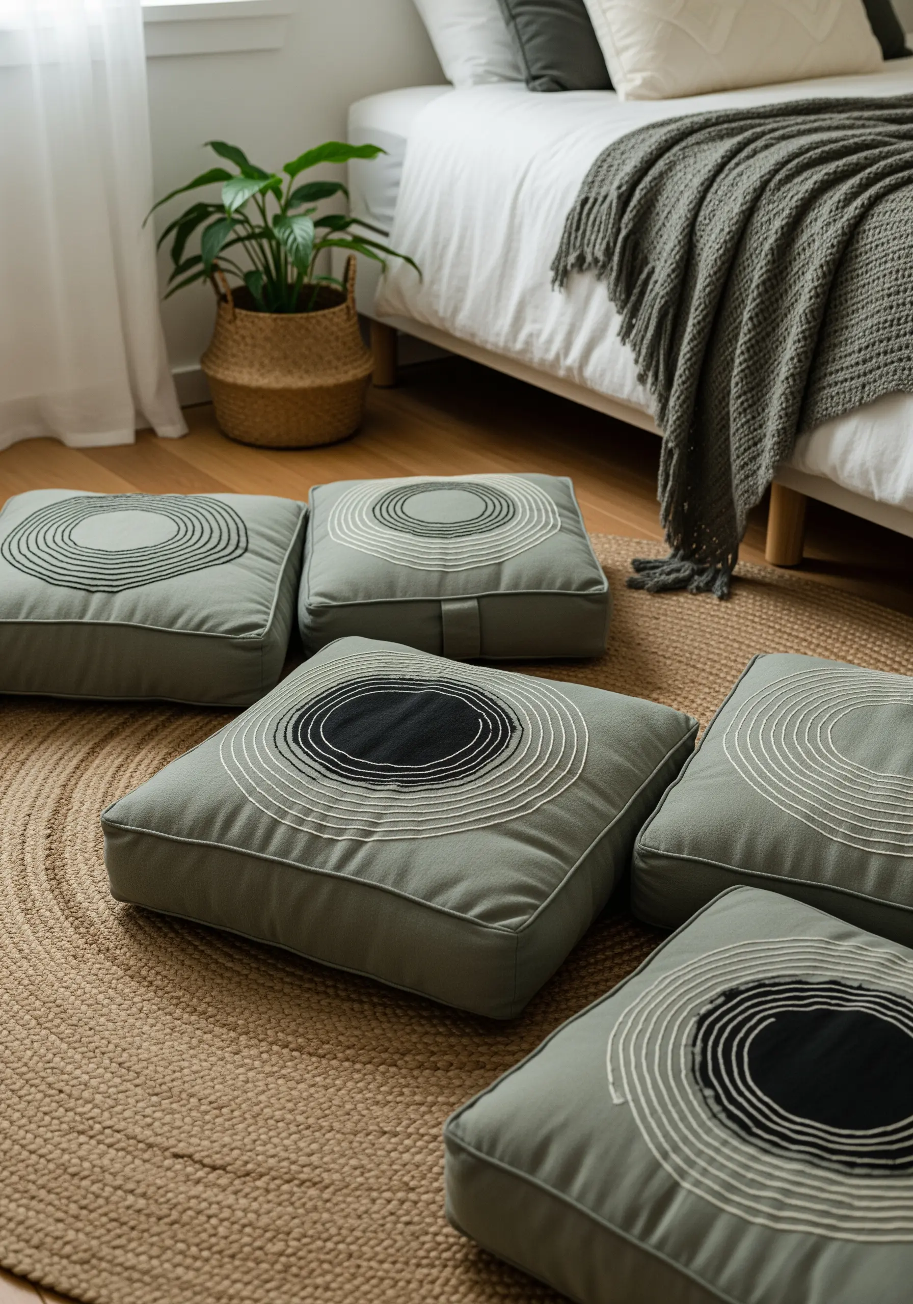 Concentric circles embroidered in white and black thread on grey floor cushions.