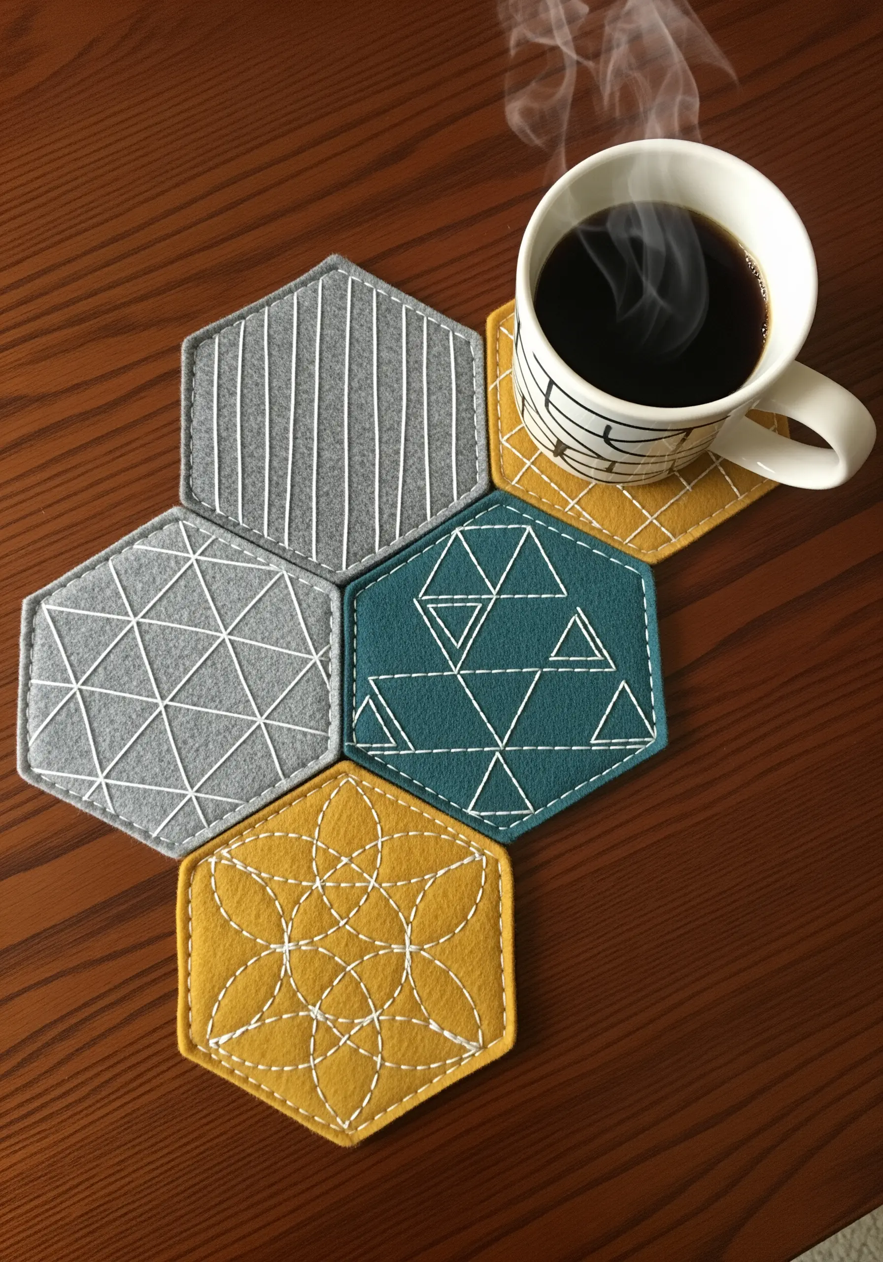 Hexagonal felt coasters in gray, teal, and mustard with white geometric embroidery.