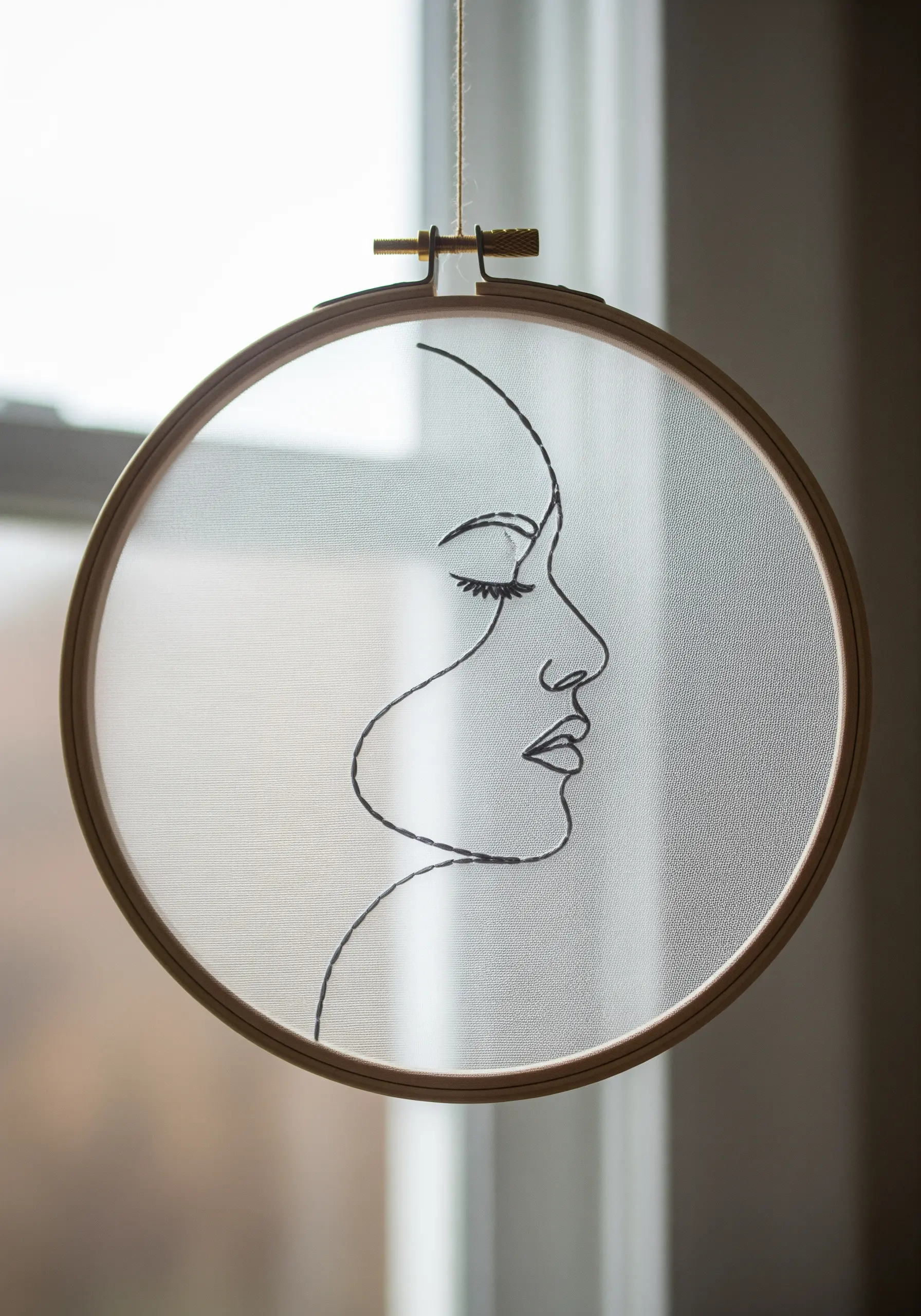 A minimal line art face stitched in black thread on sheer, transparent fabric inside a hoop.