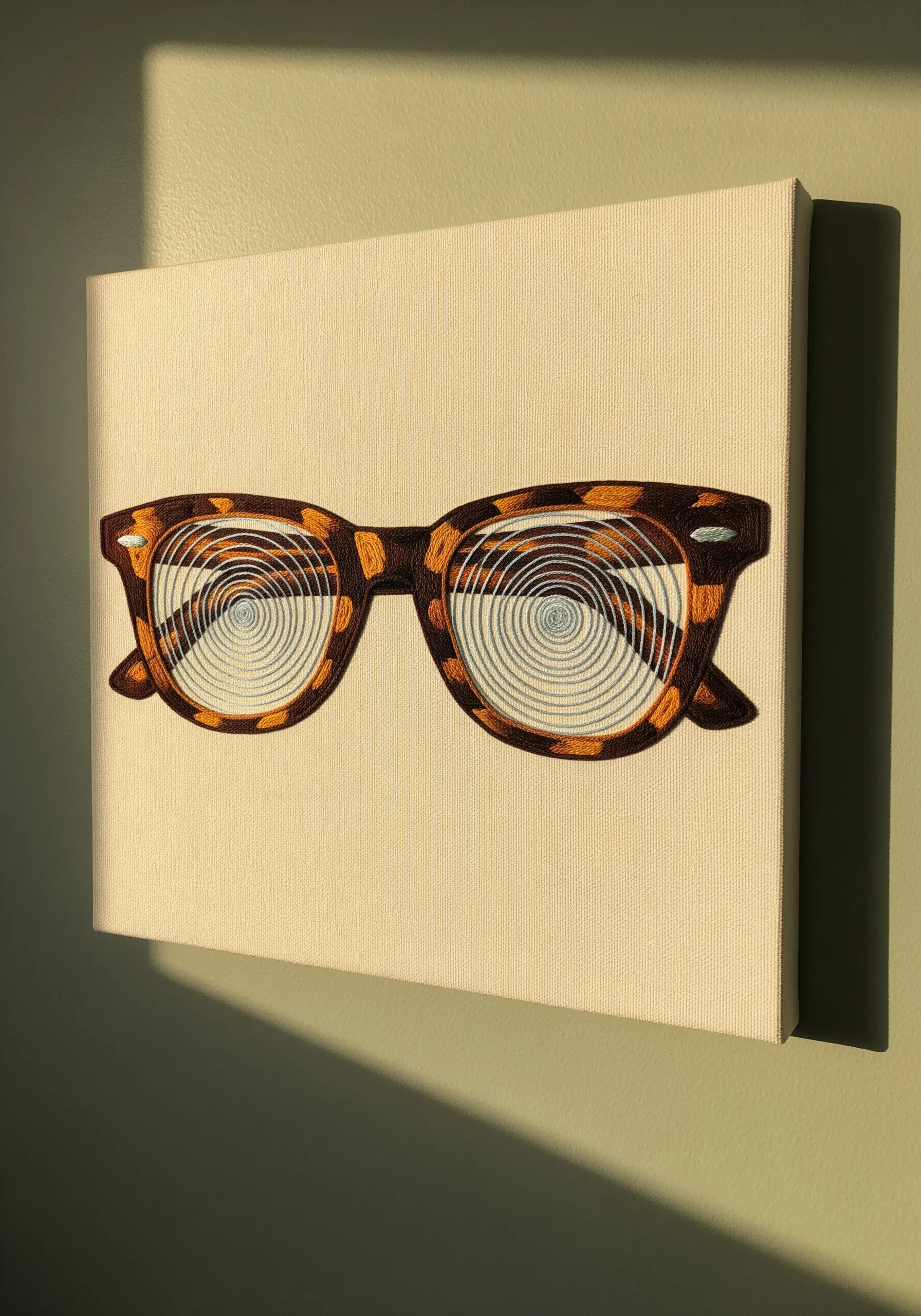 Embroidered tortoiseshell glasses with hypnotic spiral lenses on a canvas.
