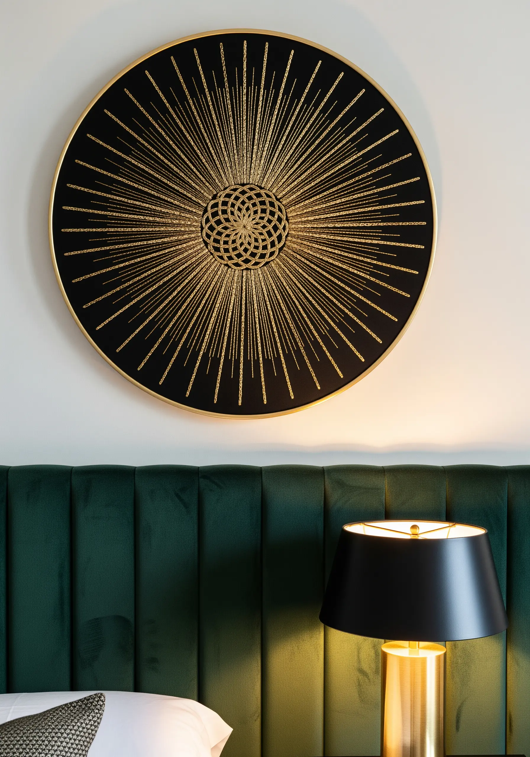 Gold metallic thread mandala stitched on black fabric in a circular frame.