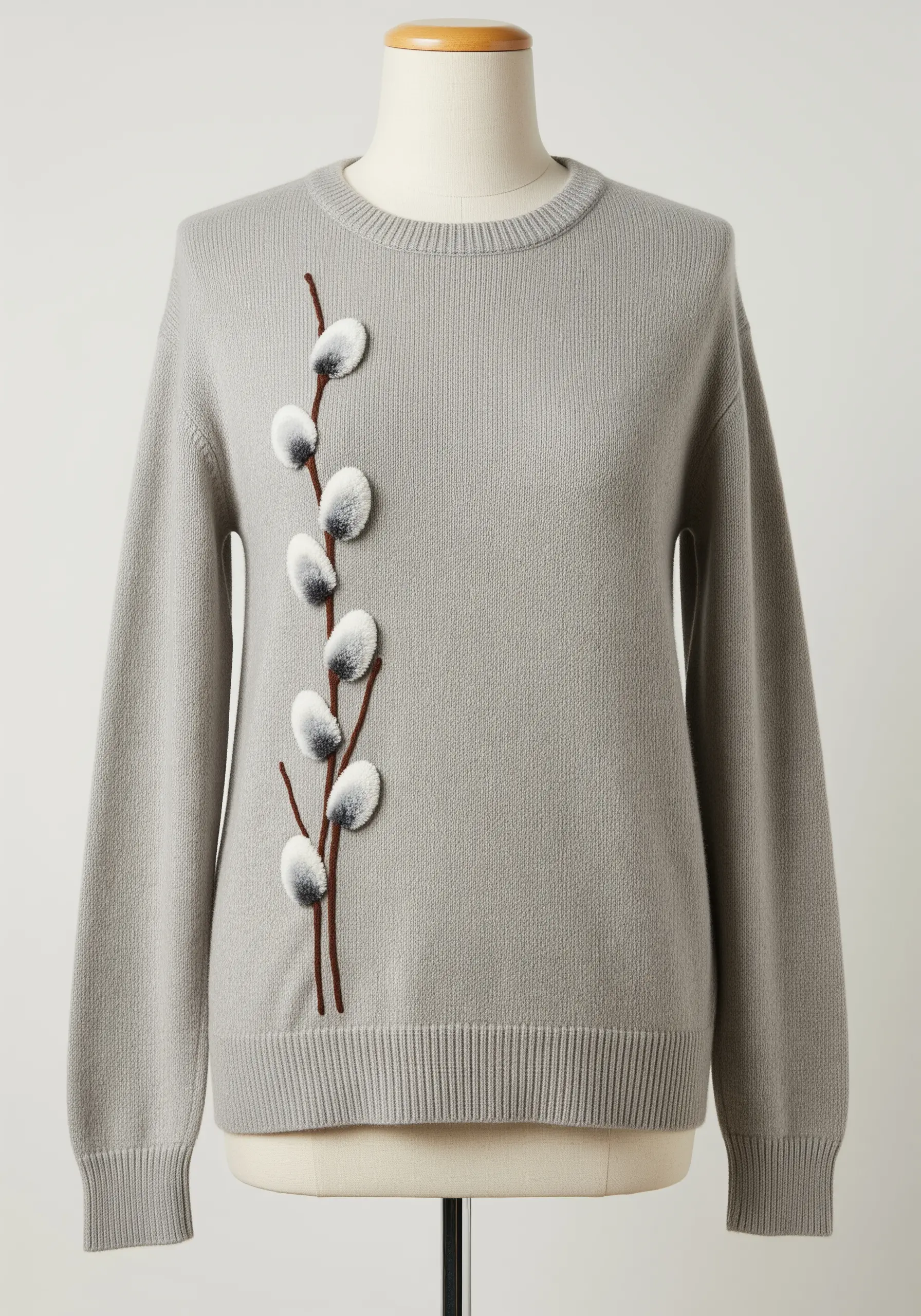A branch of pussy willow on a grey sweater with fluffy, three-dimensional white catkins.
