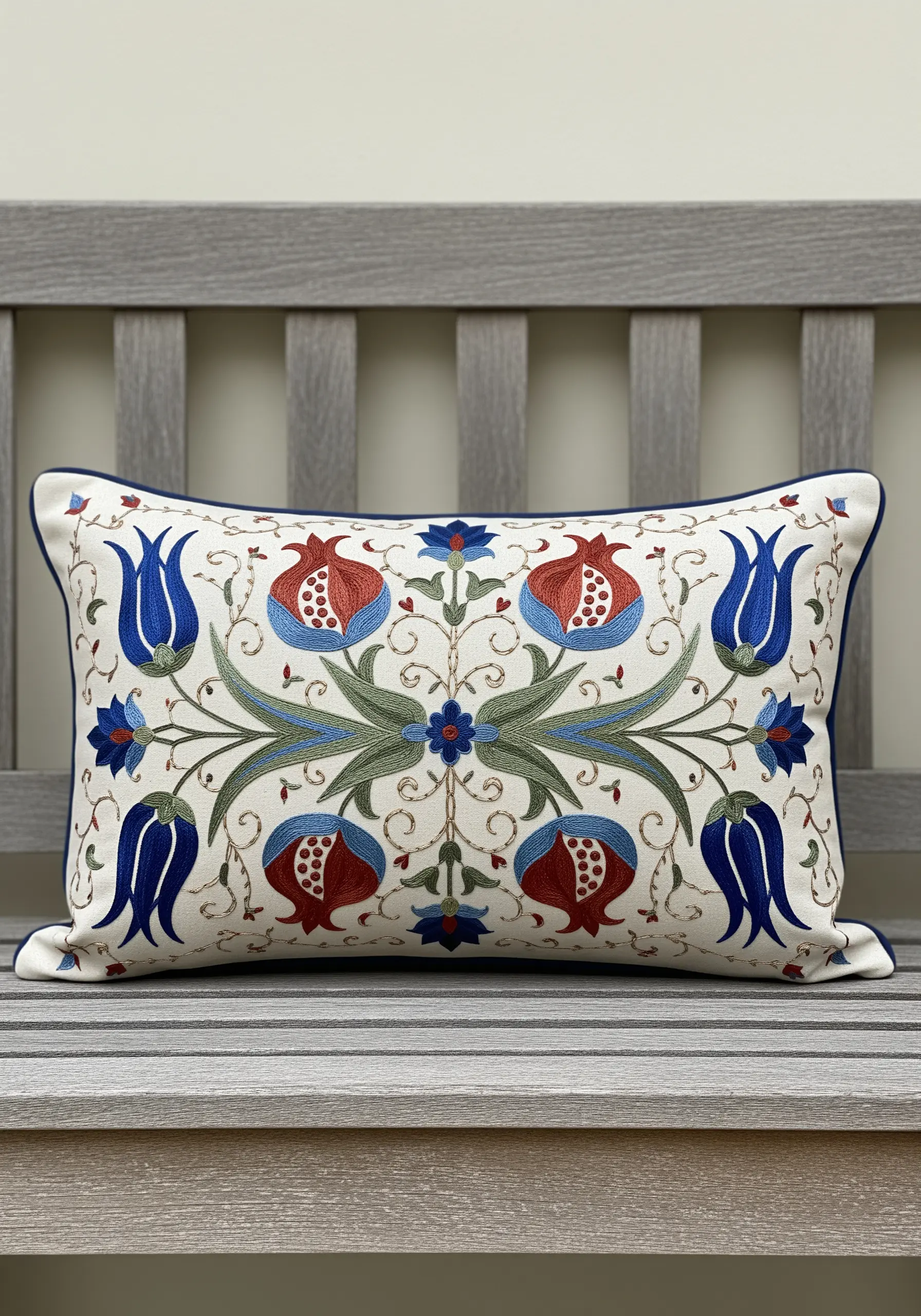Symmetrical Turkish floral embroidery with pomegranates and tulips on a lumbar cushion