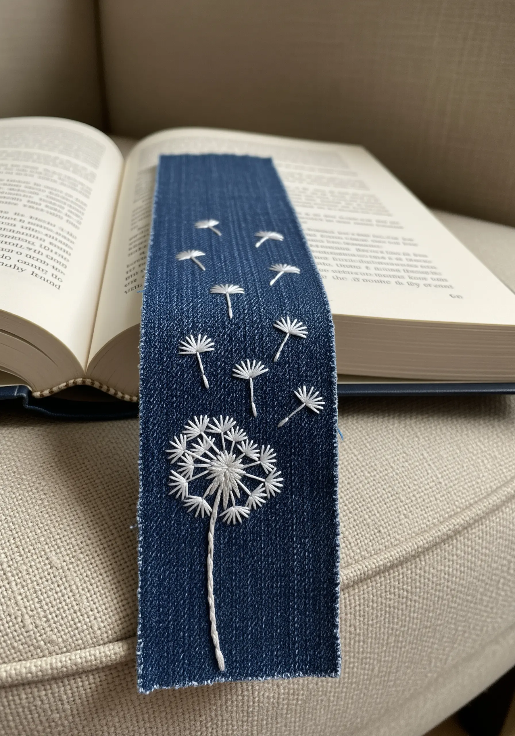Delicate white dandelion seeds embroidered on a dark denim bookmark.