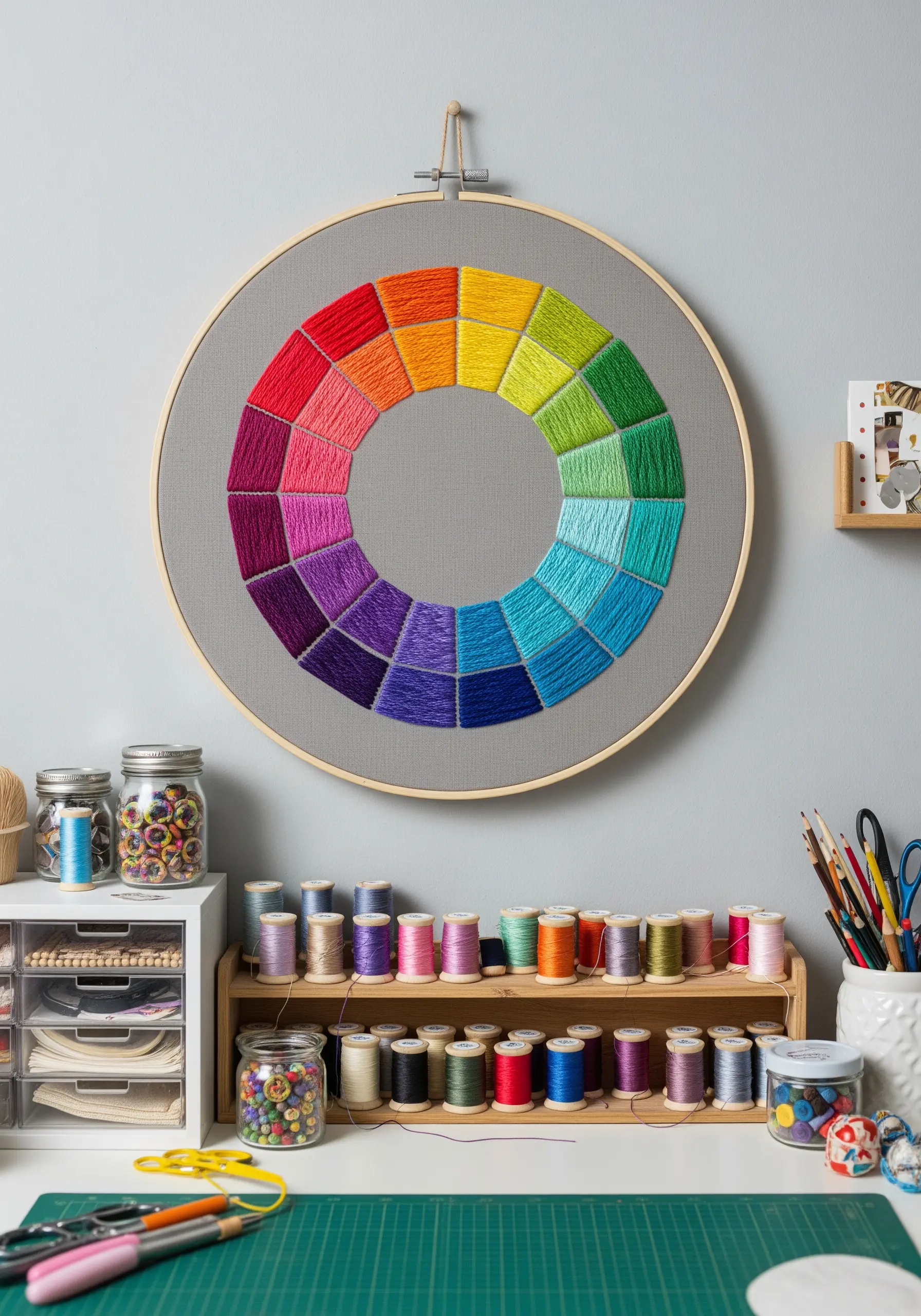 An embroidery hoop featuring a complete color wheel stitched in vibrant satin stitch blocks.