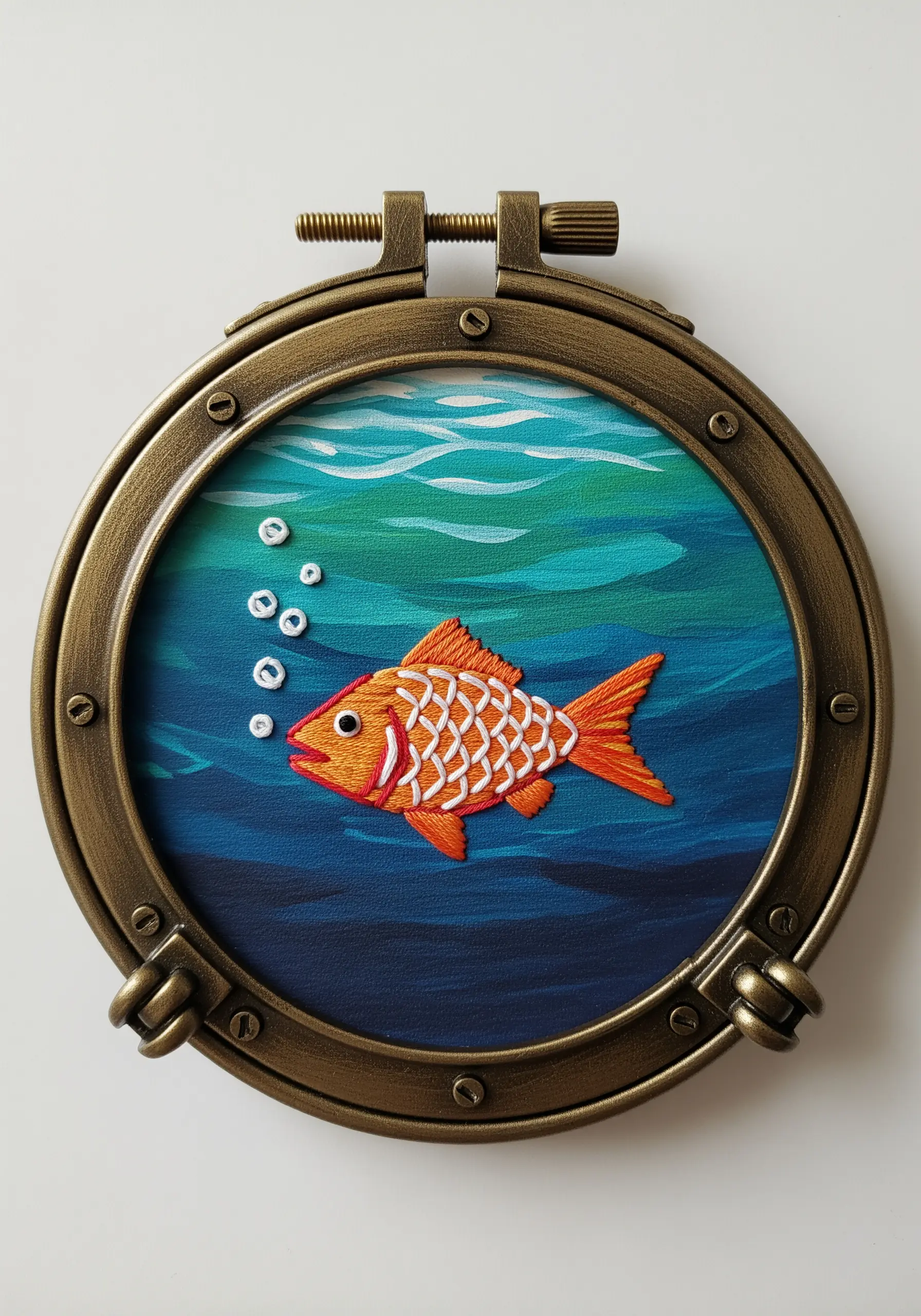 Embroidered orange fish on a blue and green painted canvas, framed in a metal porthole hoop