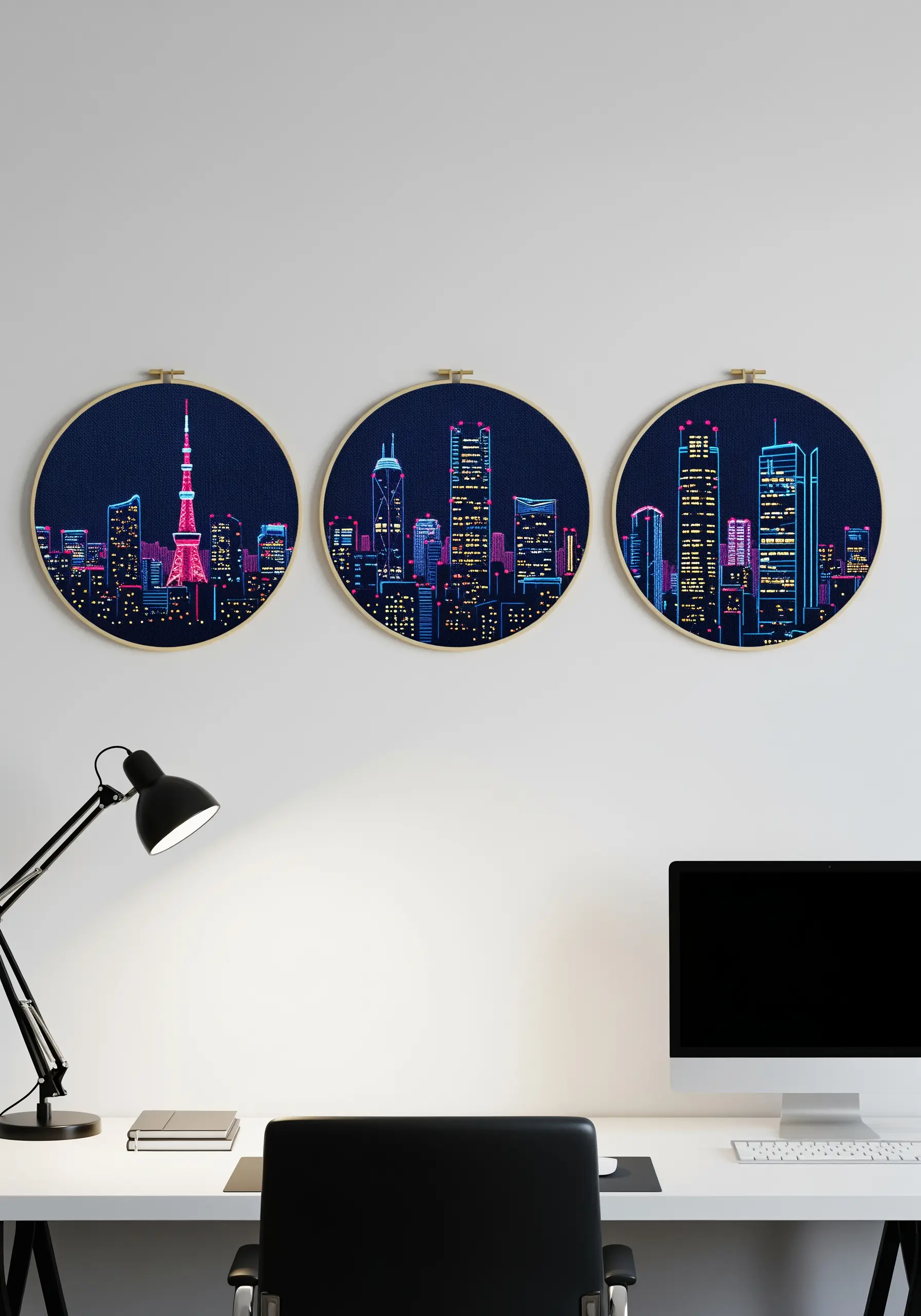 Triptych of embroidered neon Tokyo skylines in round hoops on a dark wall.