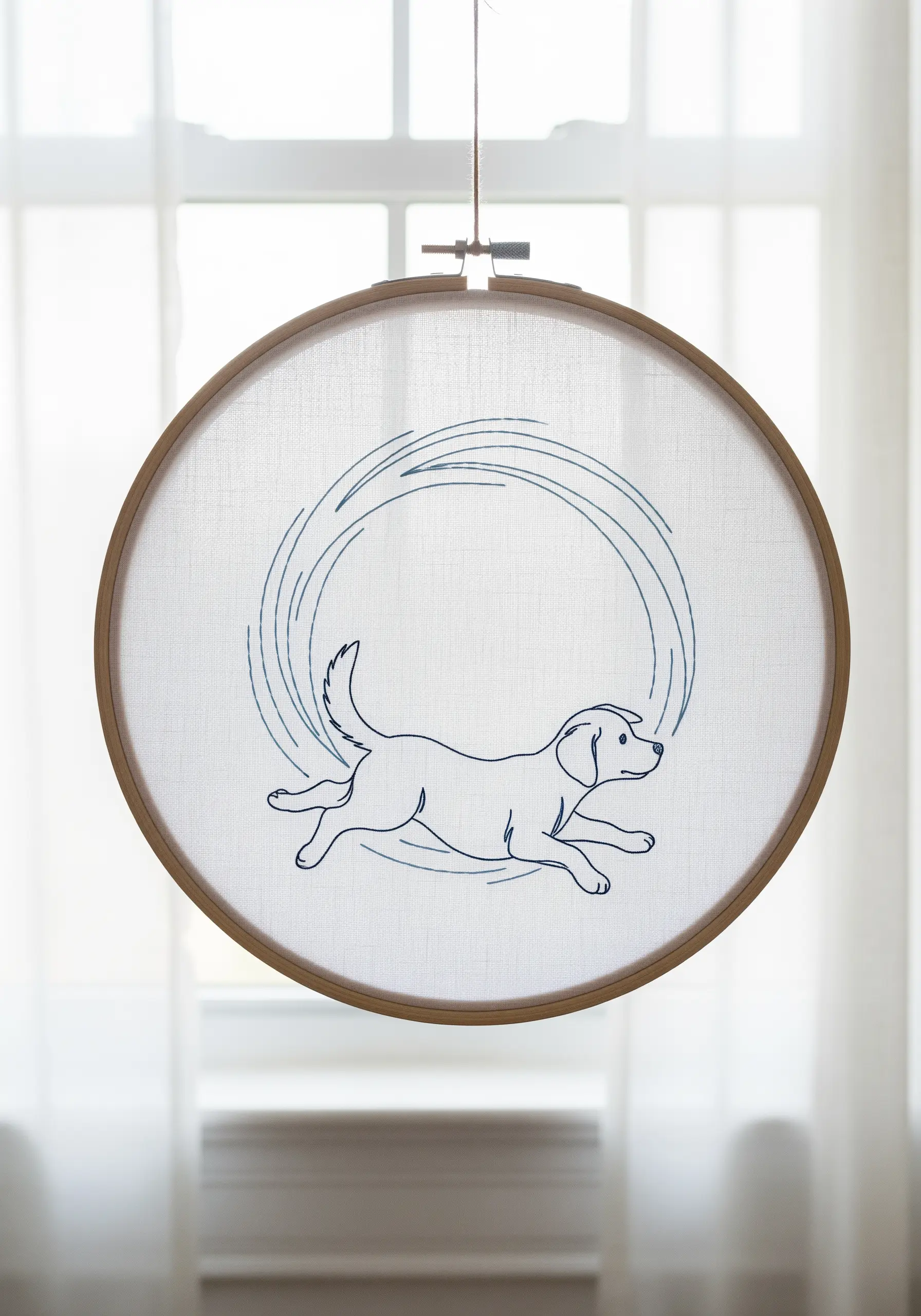 Embroidery of a running dog with motion swirls, stitched on translucent fabric.