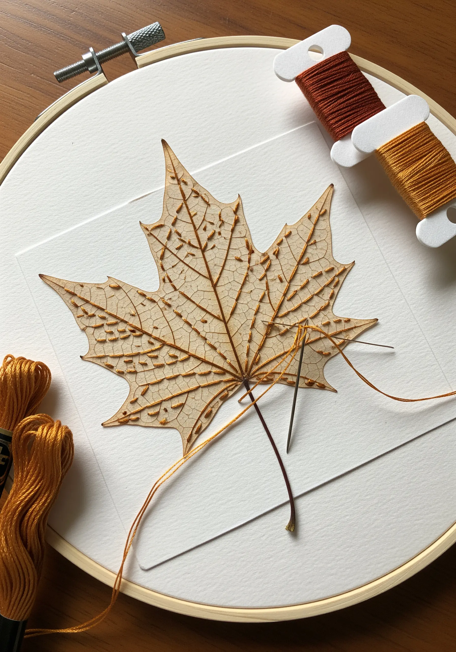 A dried maple leaf being embroidered with small seed stitches in orange thread