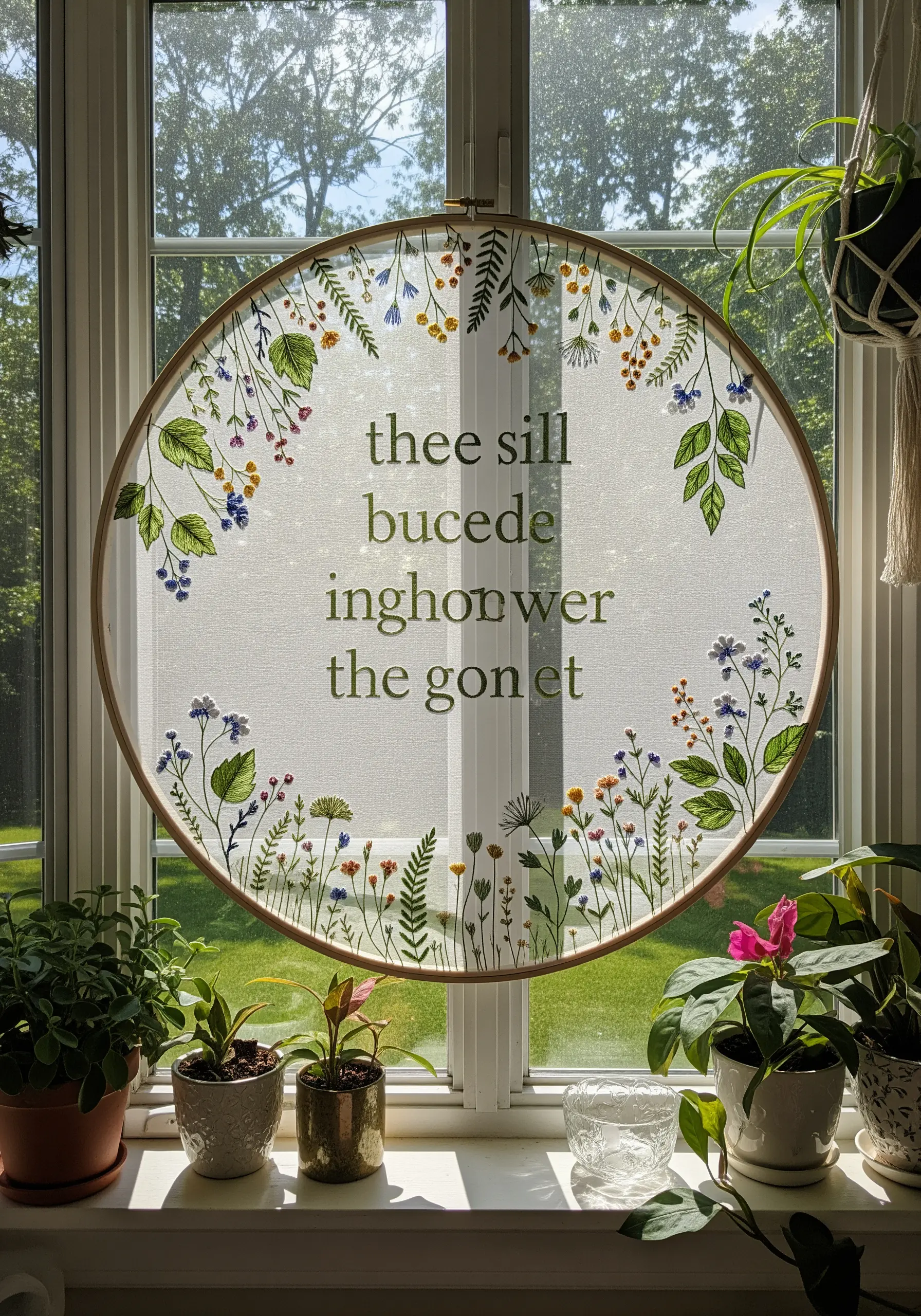 Embroidered quote and wildflowers on sheer organza fabric in a hoop.