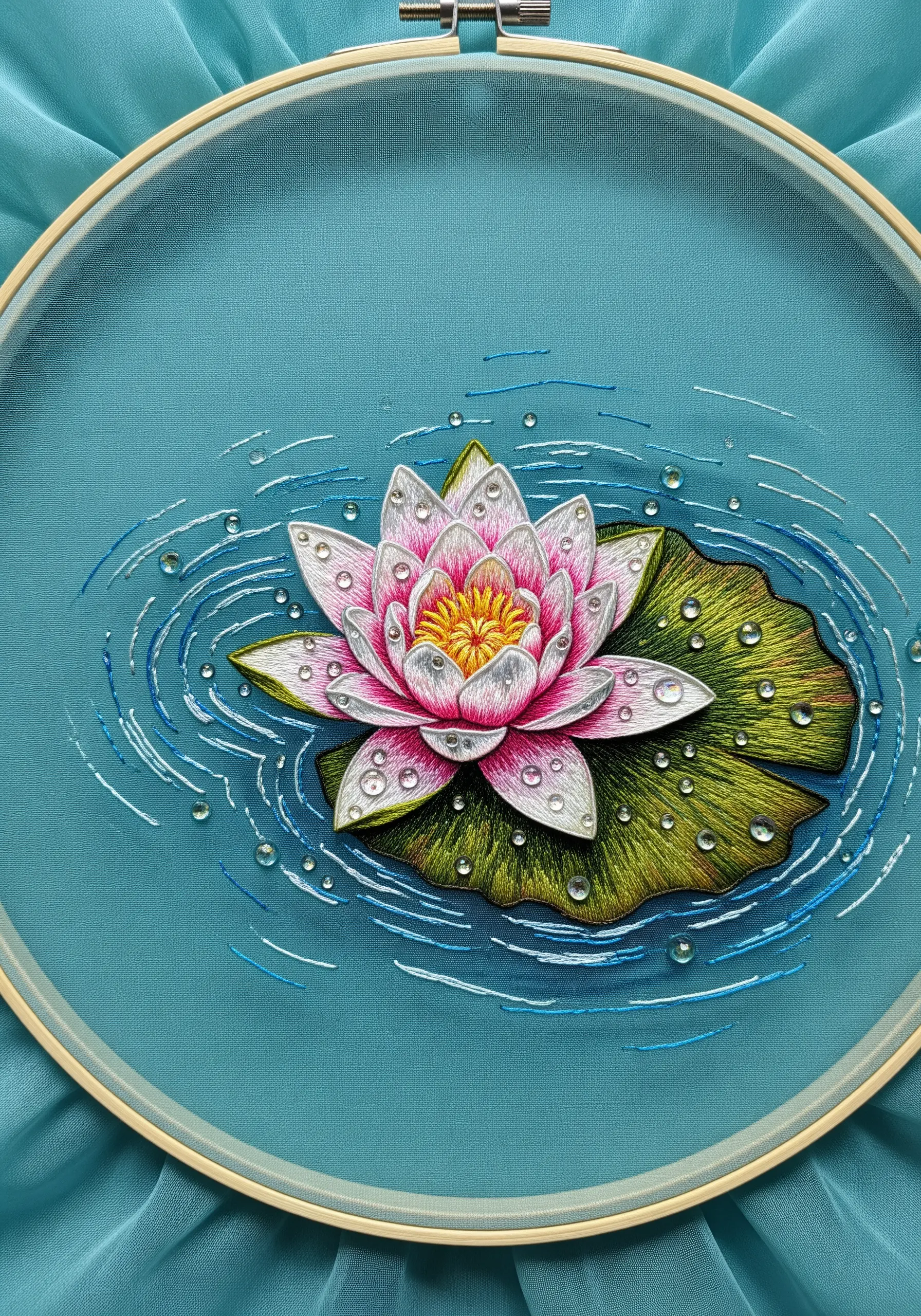A pink water lily on a pad, with embroidered blue and white water ripples in the hoop.