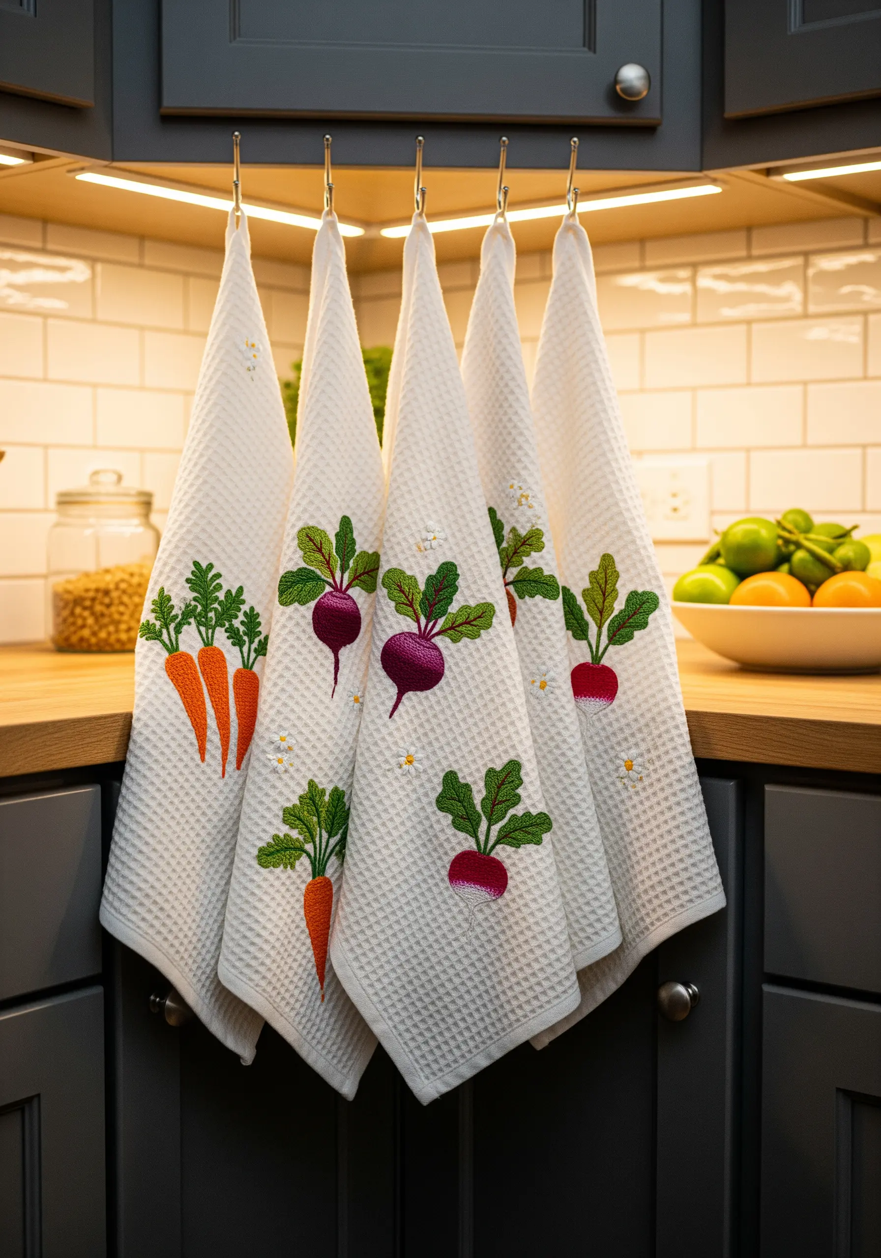 White waffle-weave kitchen towels with brightly colored embroidered vegetables.