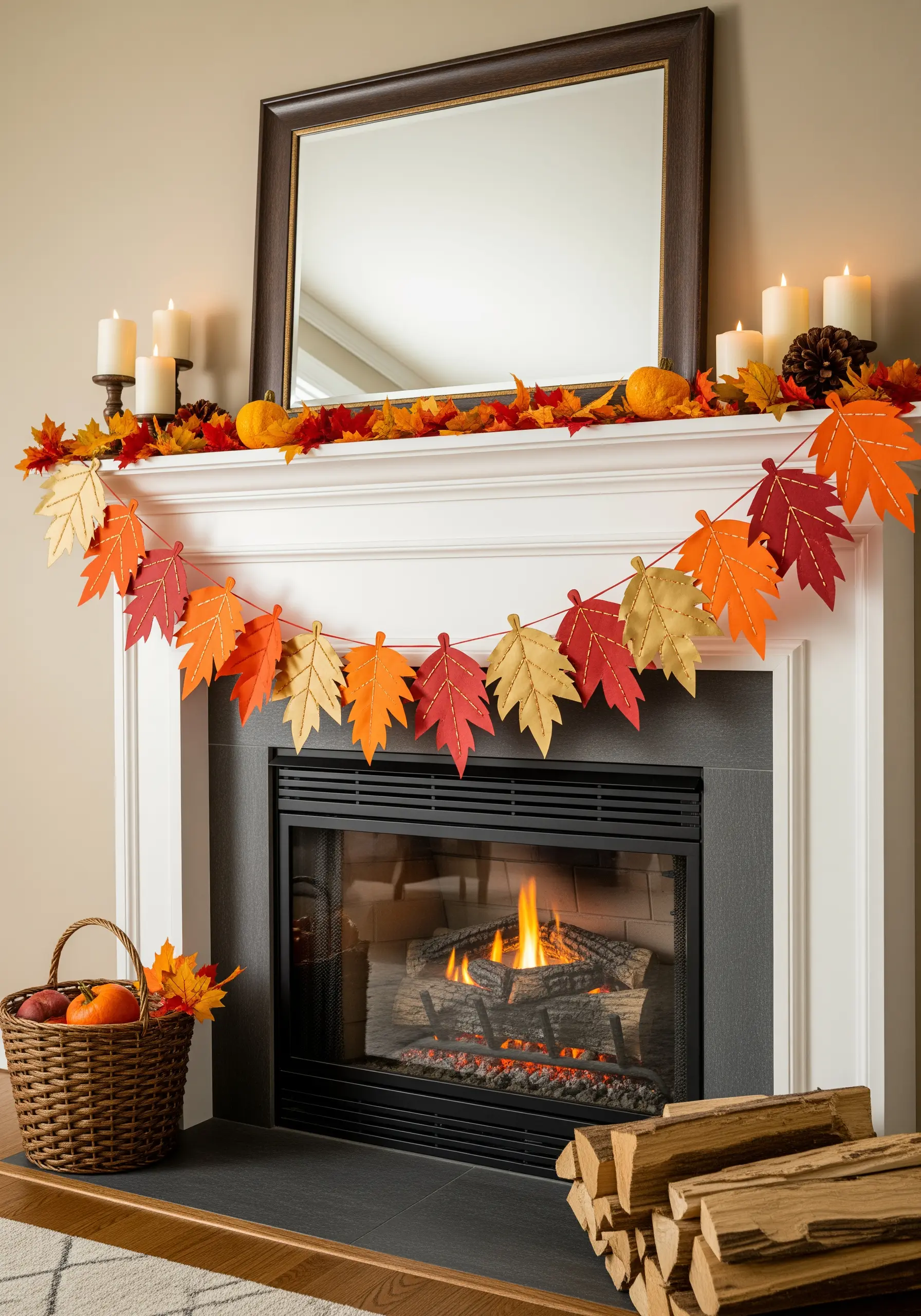 A fireplace mantel decorated with a garland of colorful paper leaves joined by a stitched line.
