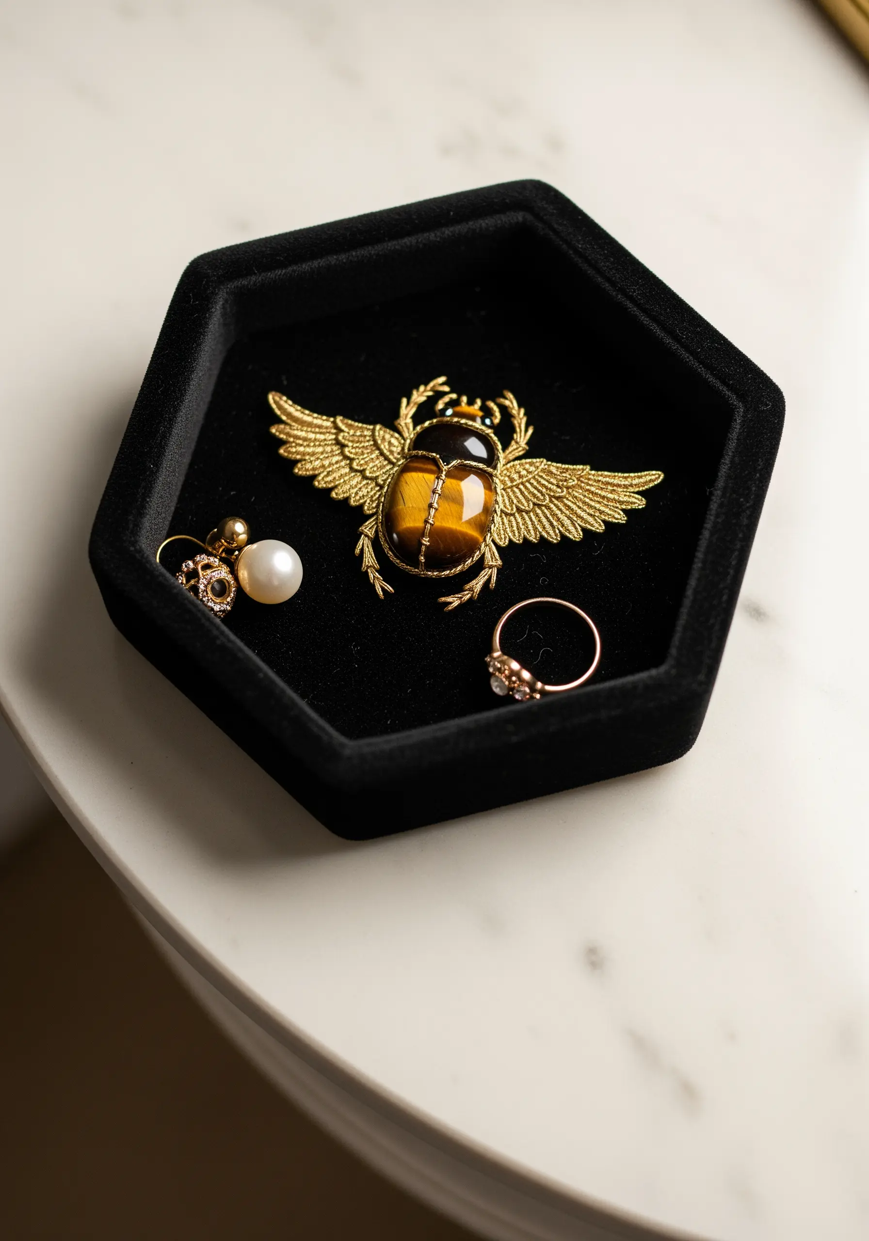 A 3D embroidered scarab beetle brooch with golden wings and a polished stone body in a velvet box.