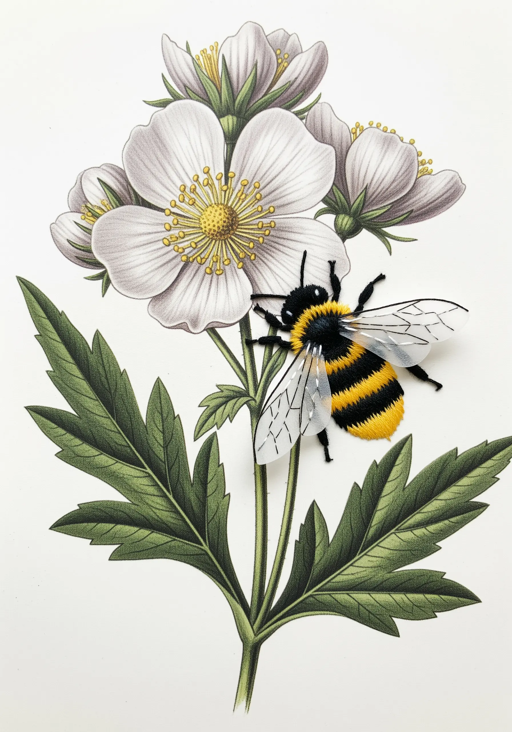 A realistic embroidered bee with 3D wings stitched onto a vintage floral illustration