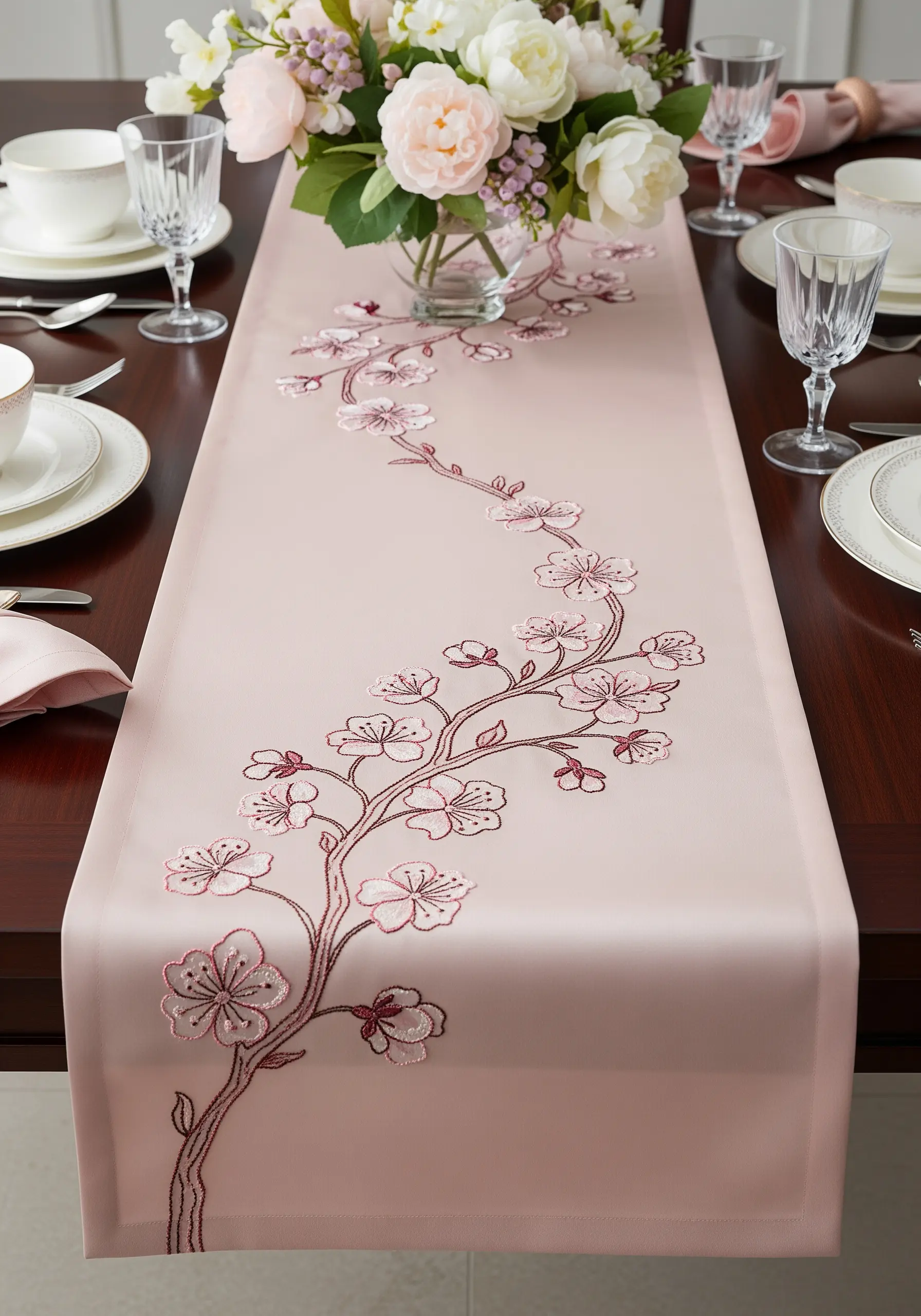 Pink and white cherry blossom embroidery with brown branches on a blush pink table runner.