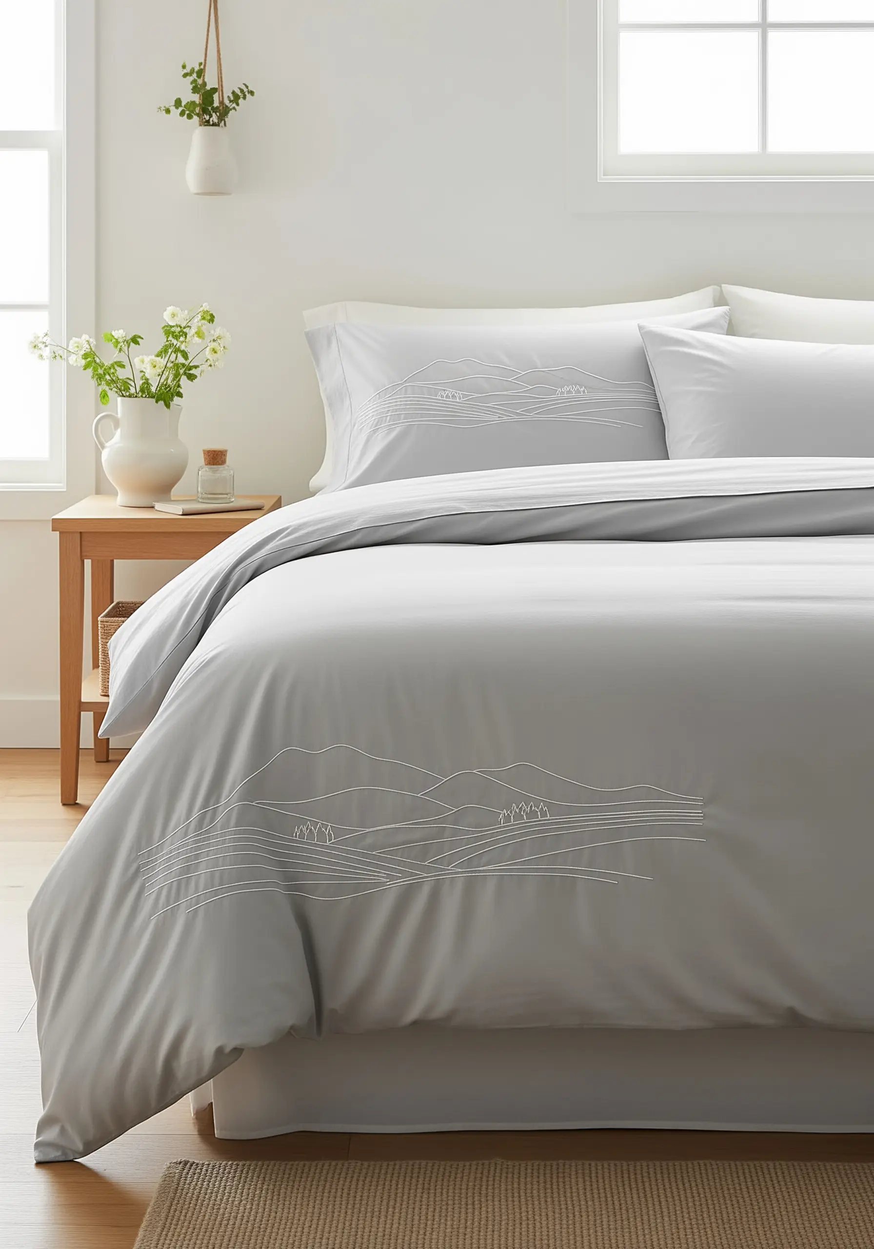 Minimalist landscape of rolling hills embroidered in white line art on a grey duvet.