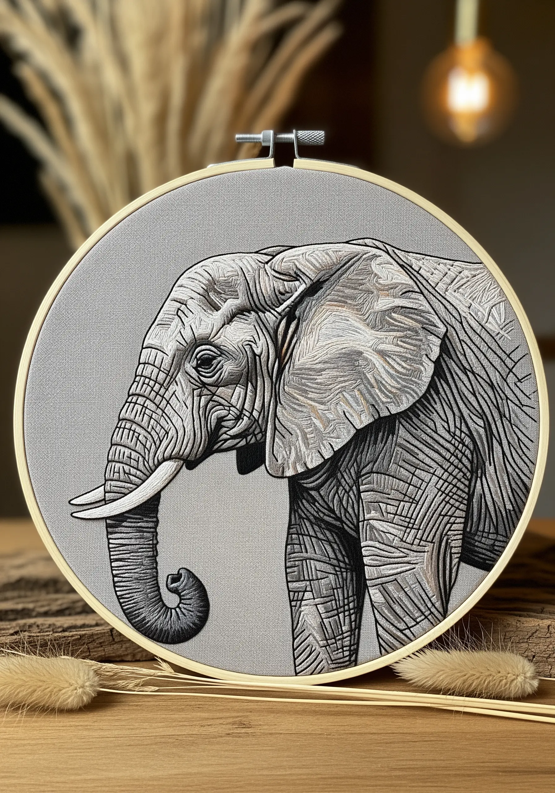 A stylized embroidery of an elephant using contoured line work to suggest wrinkled skin.