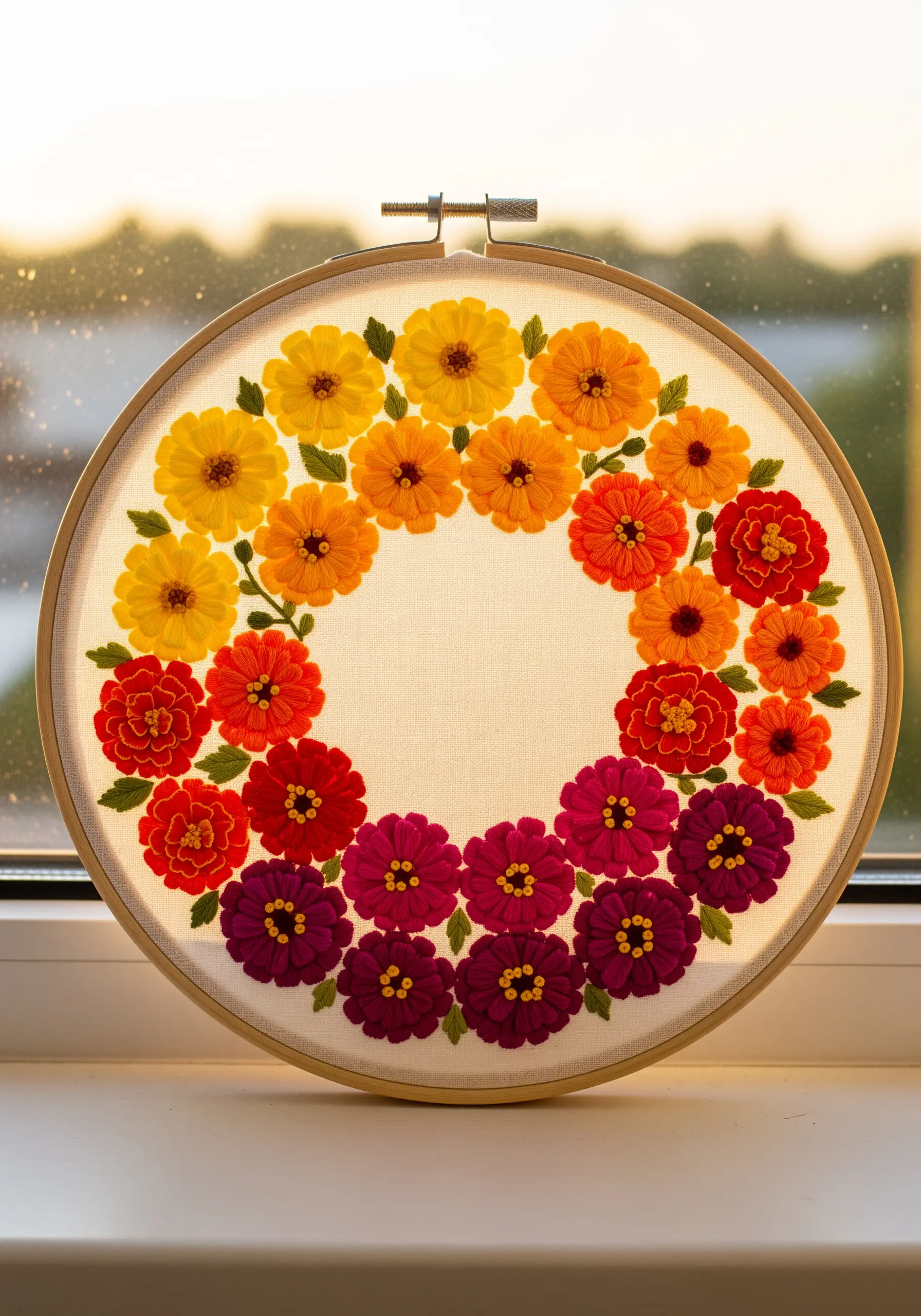 A wreath of embroidered zinnia flowers arranged in a sunset gradient.