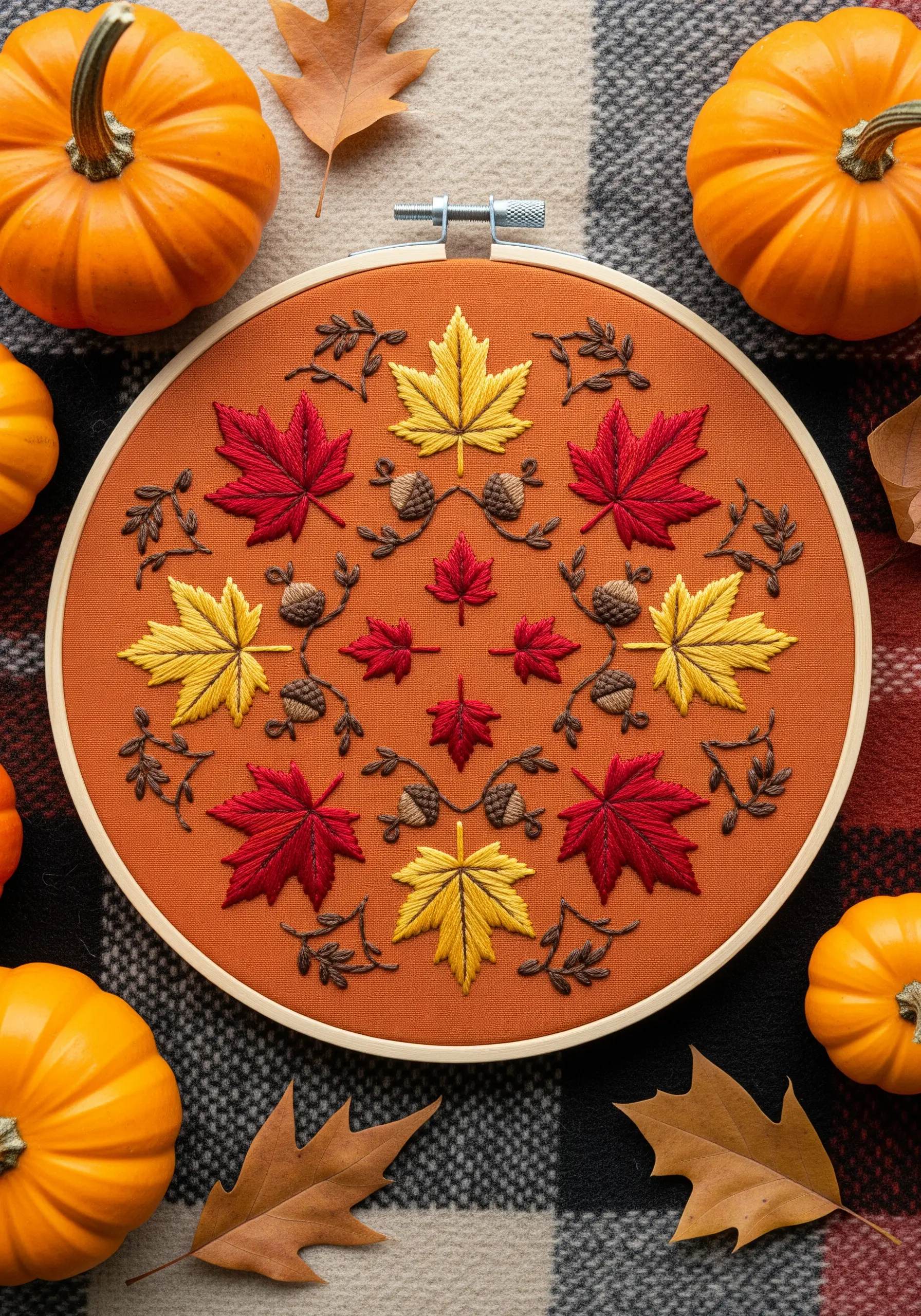 An autumn mandala with red and yellow maple leaves on burnt orange fabric.