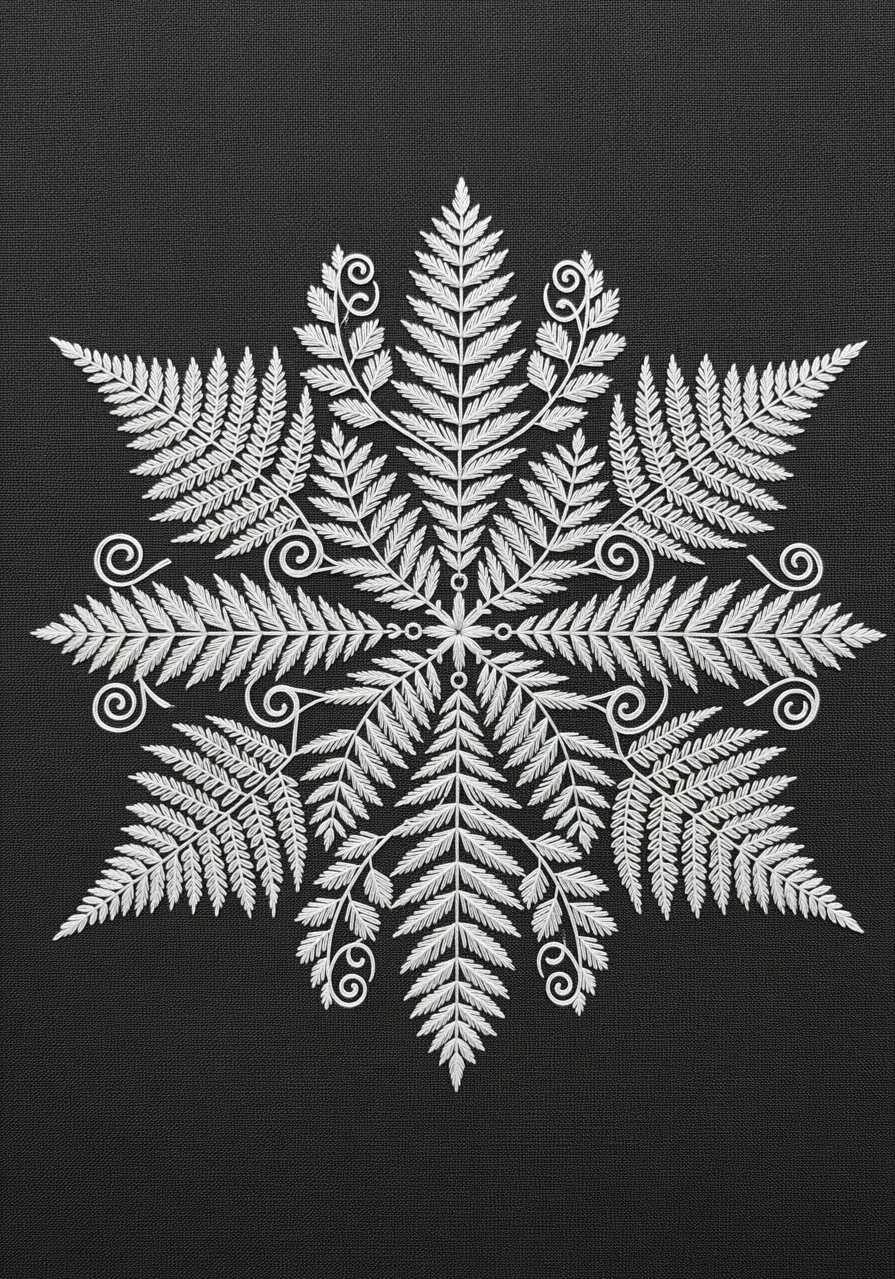 A complex, symmetrical fern mandala embroidered in white thread on black fabric.