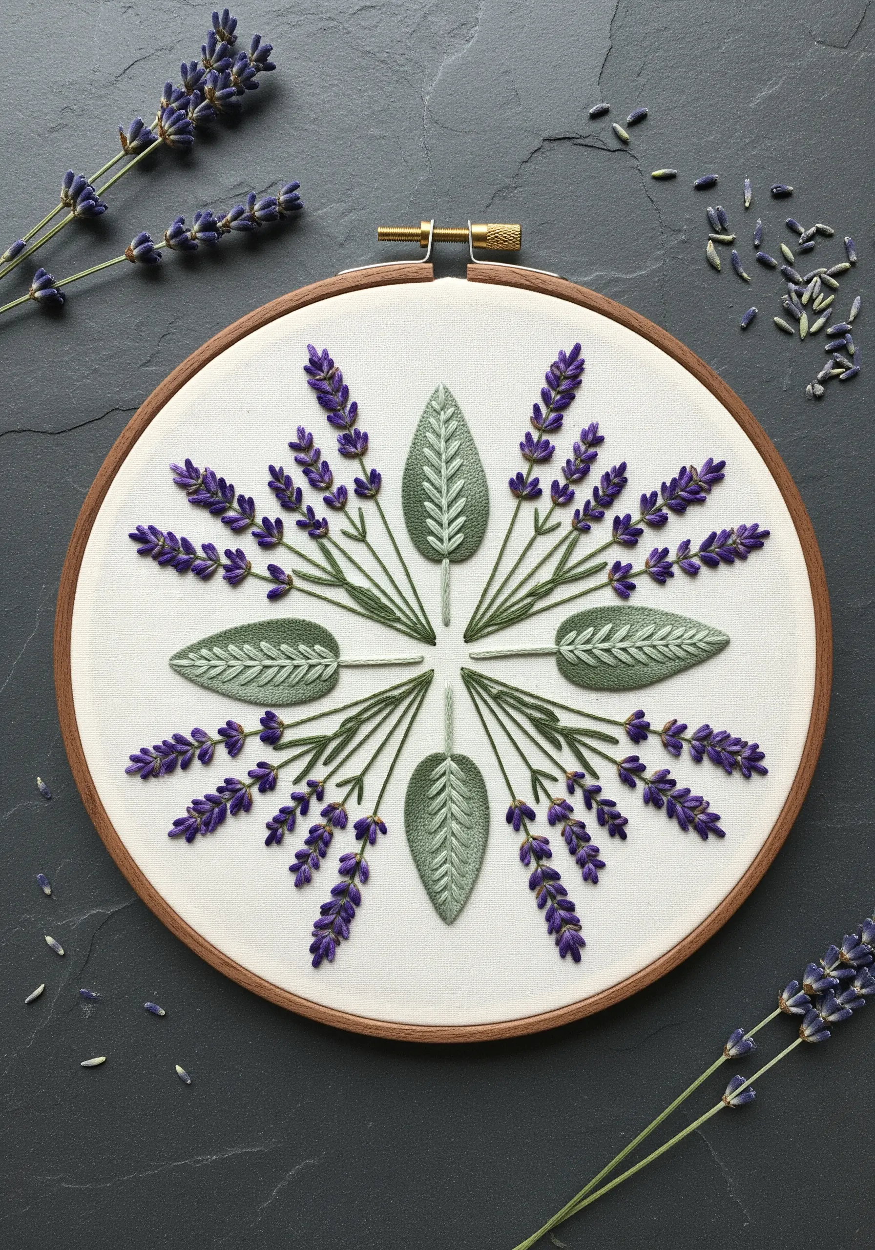 Symmetrical lavender and sage embroidery with sharp, clean lines.