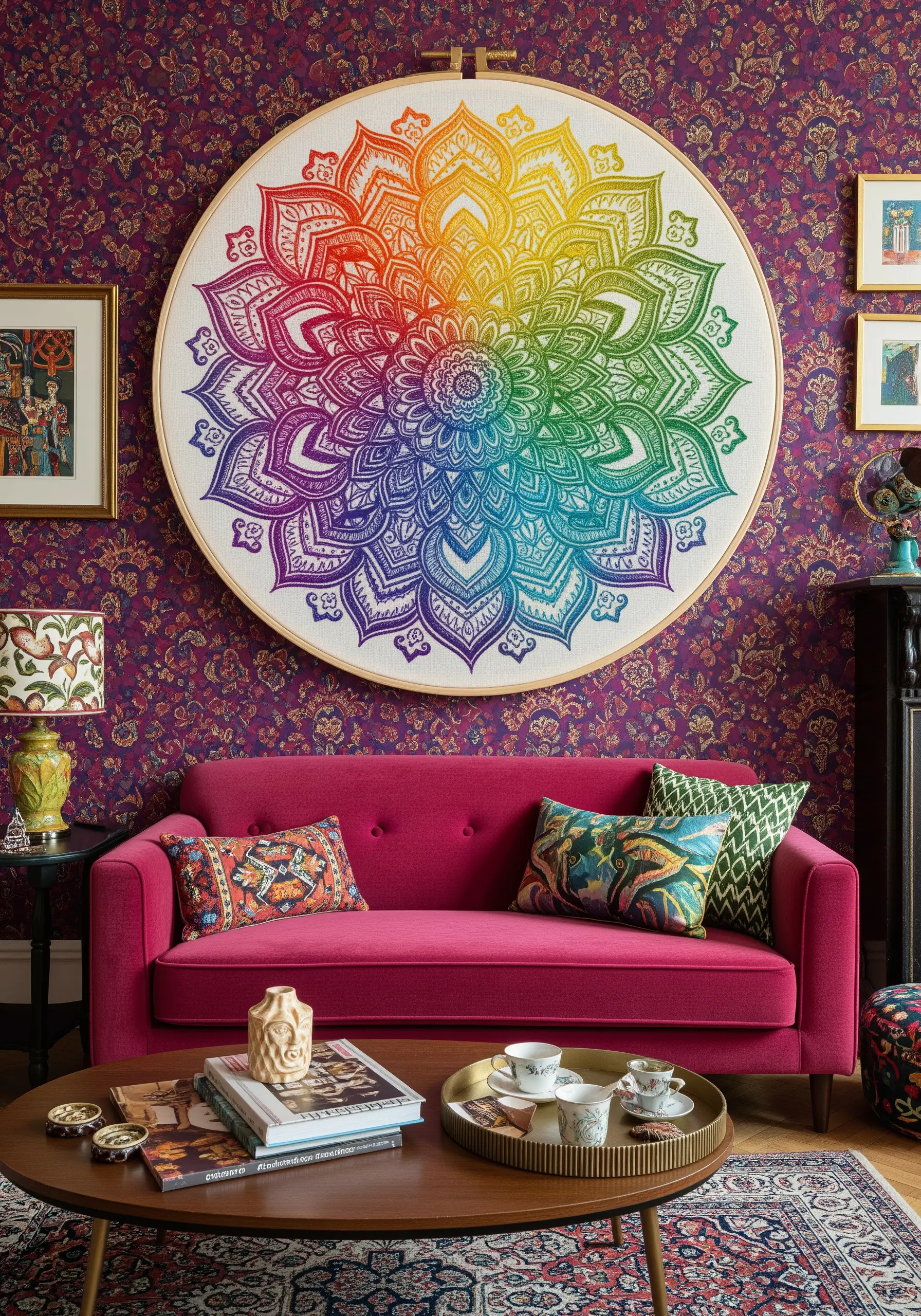 An oversized embroidery hoop featuring a highly detailed mandala with a rainbow color gradient.