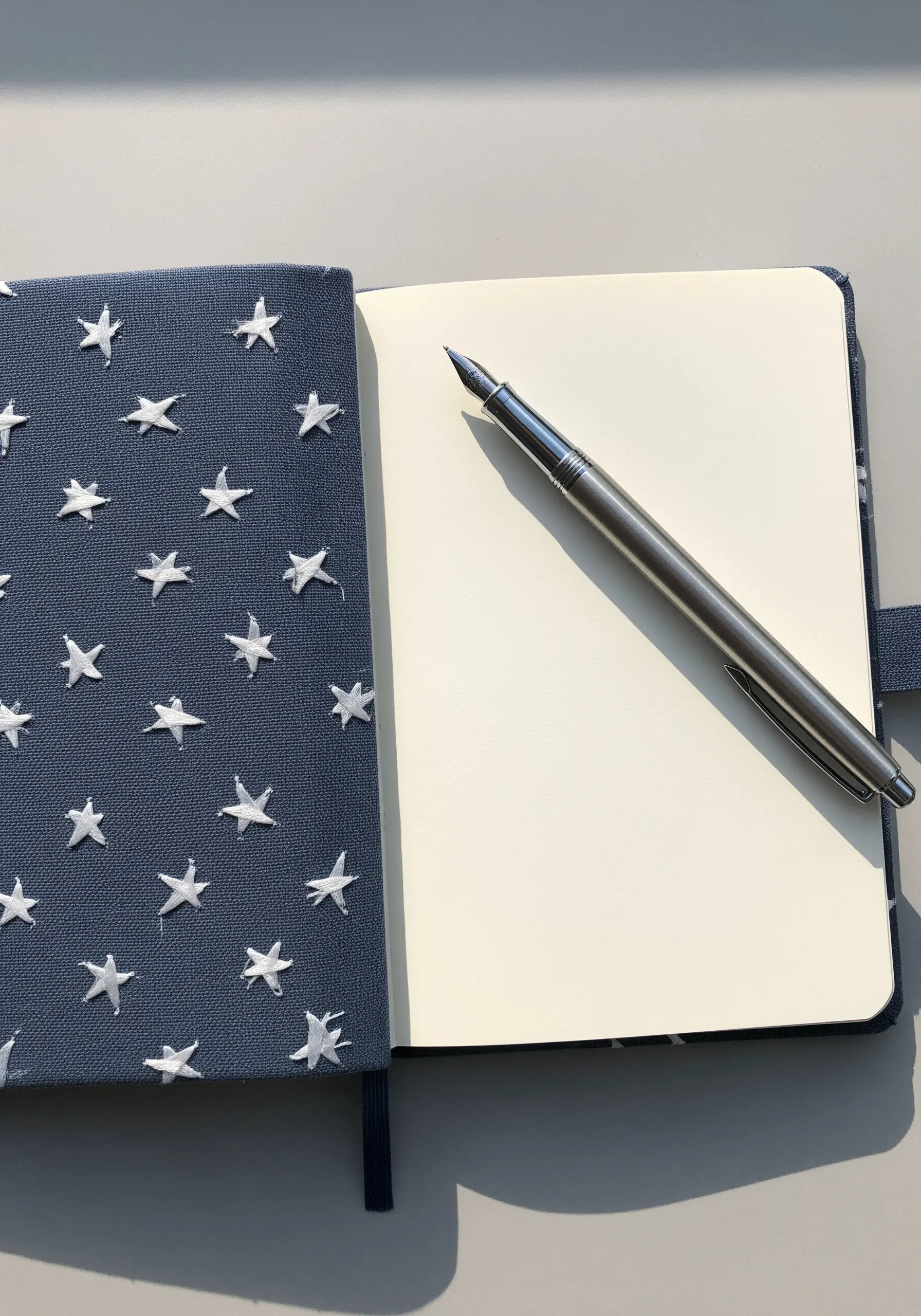 A pattern of raised white star stitches covering the fabric of a blue journal.