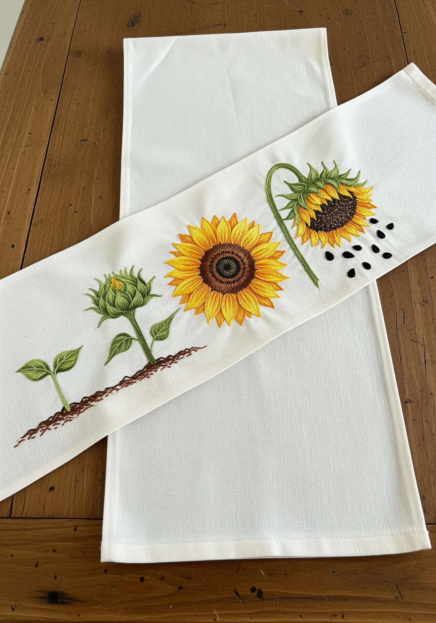 The life cycle of a sunflower embroidered in a line, from sprout to mature flower to seeding head