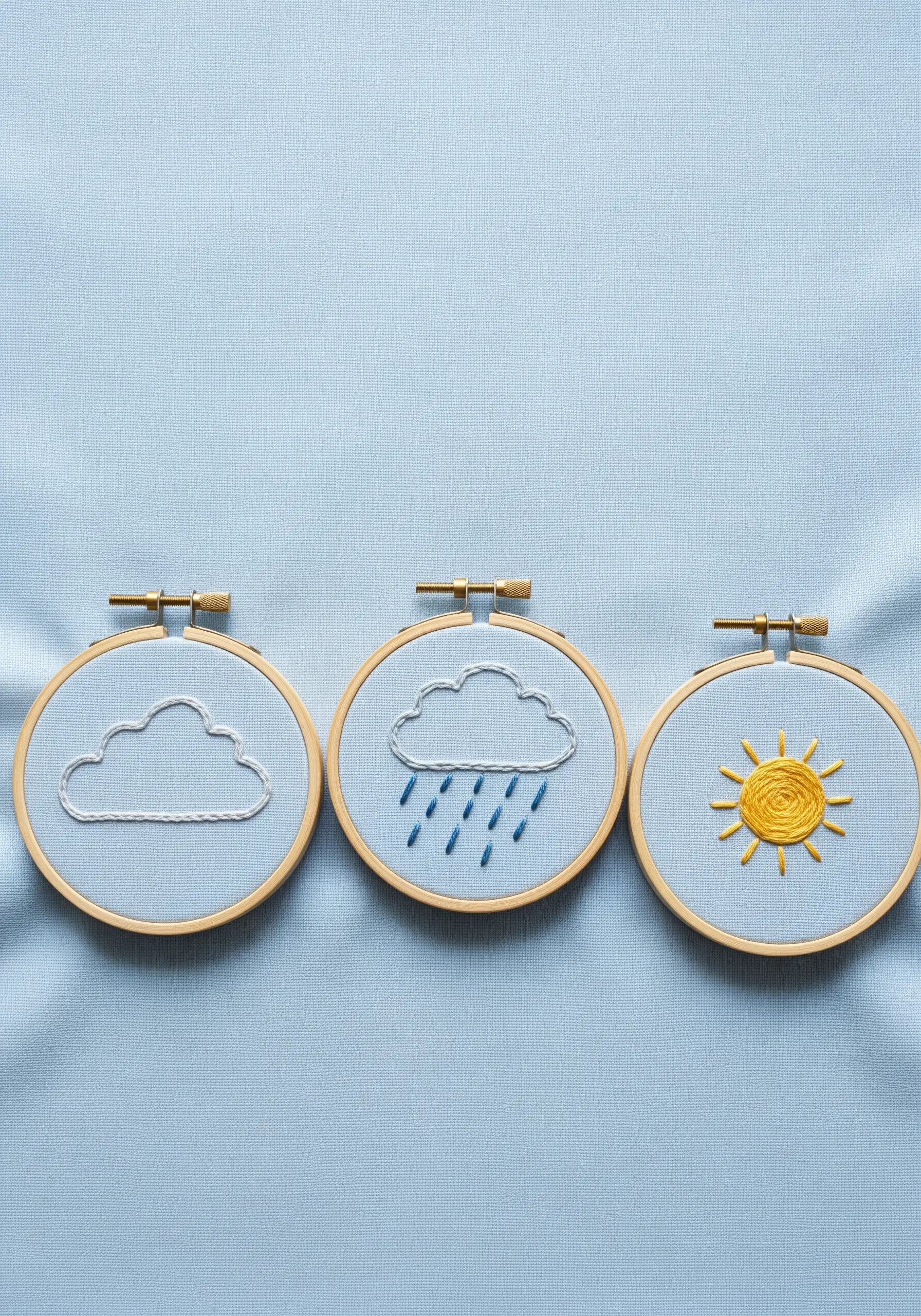 Three small embroidery hoops displaying a cloud, rain, and sun icon.