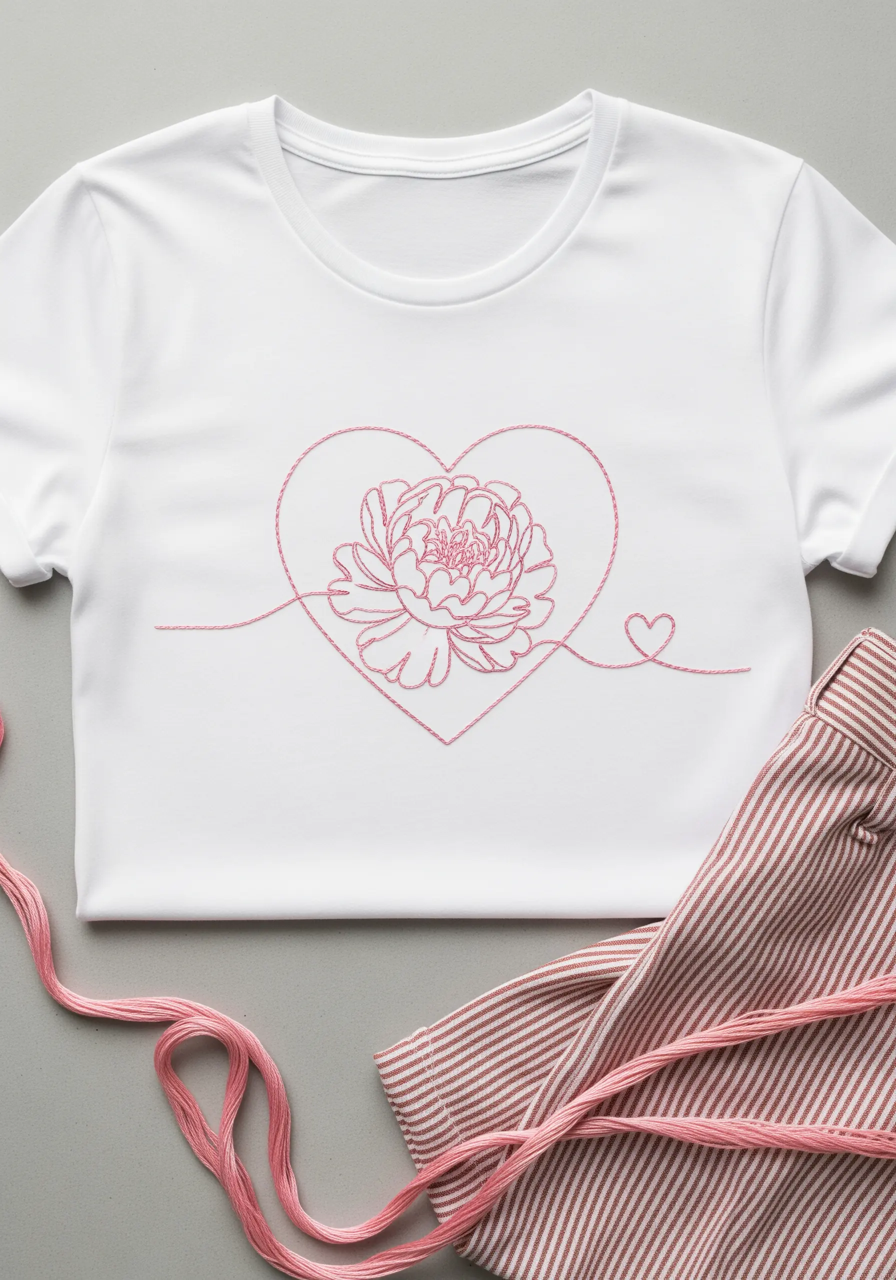 A single pink line forms a heart and a peony flower inside it.