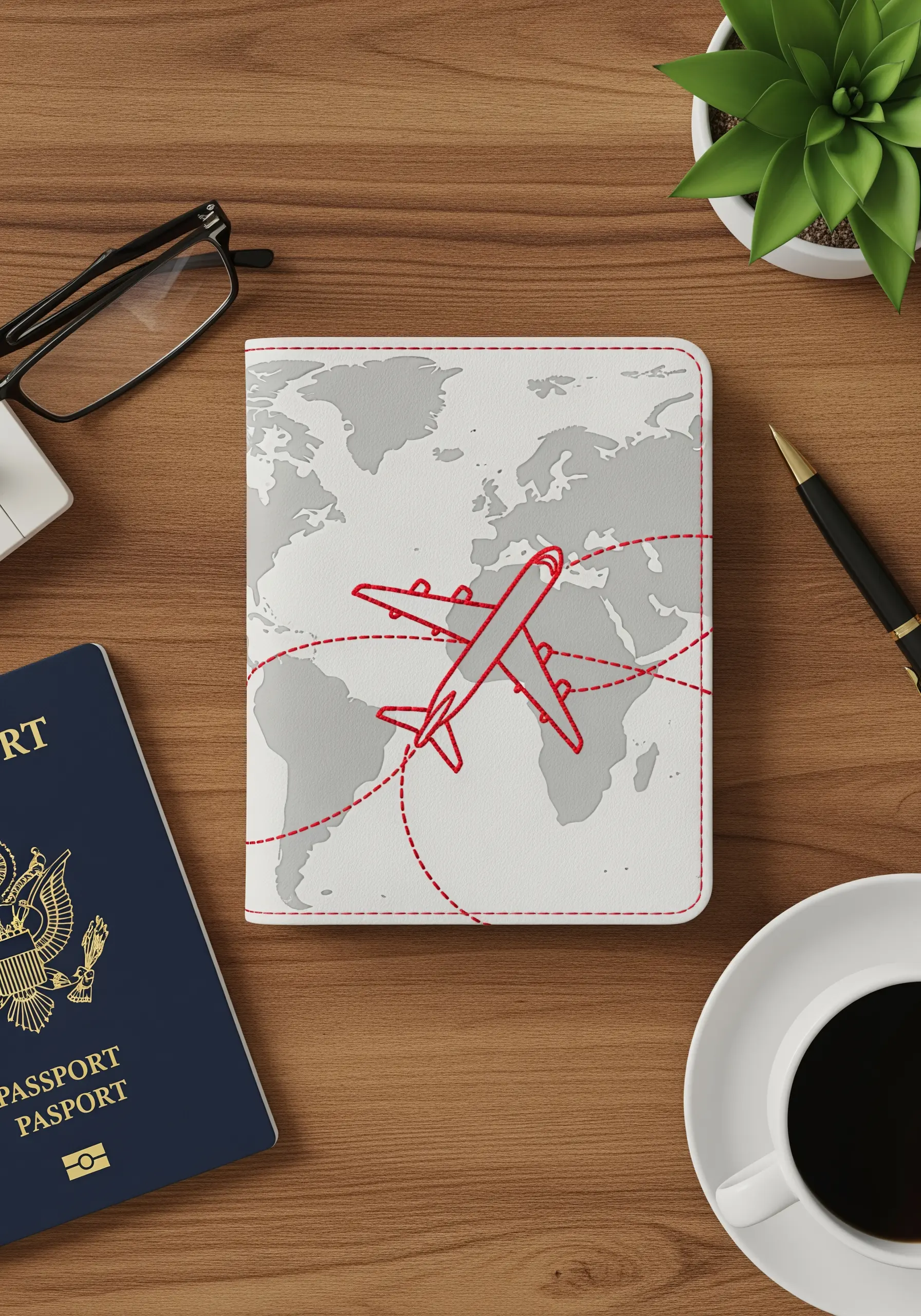 A passport cover showing a red airplane and its flight path embroidered over a grey world map.