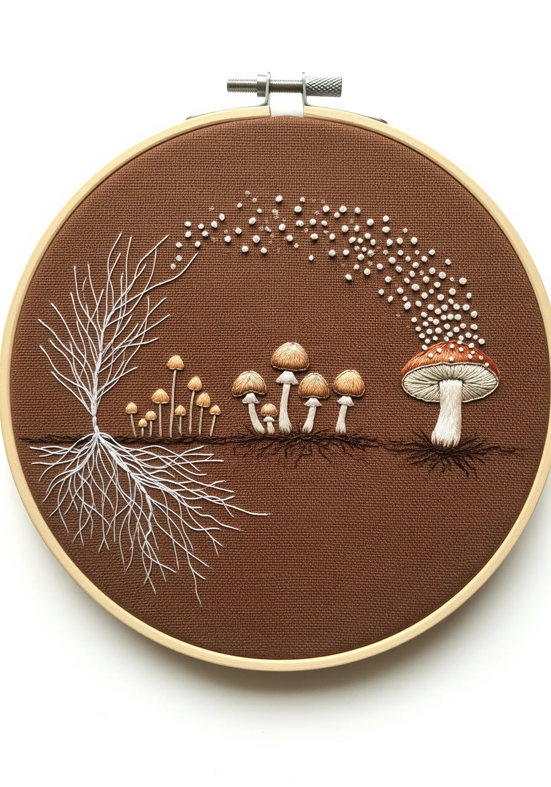 Embroidery showing a mushroom life cycle, from mycelium roots to spore release.