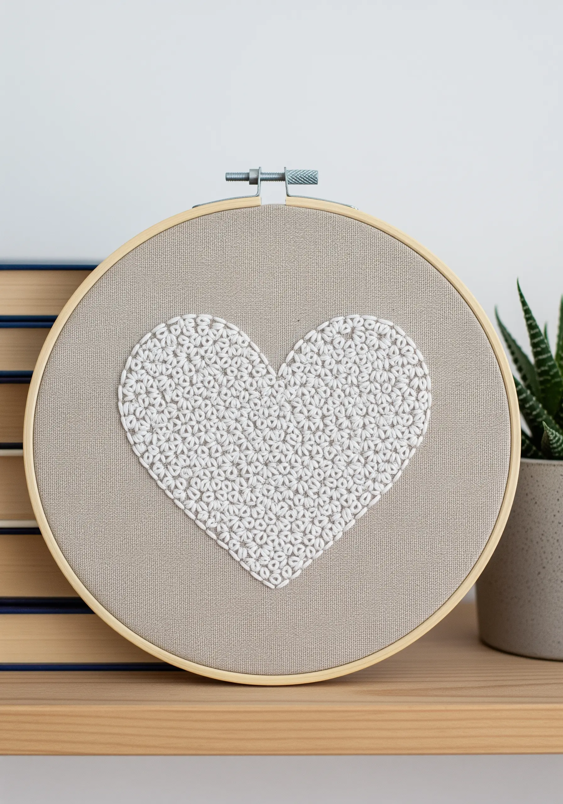 A heart shape filled with white lazy daisy stitches on neutral-toned hoop art.