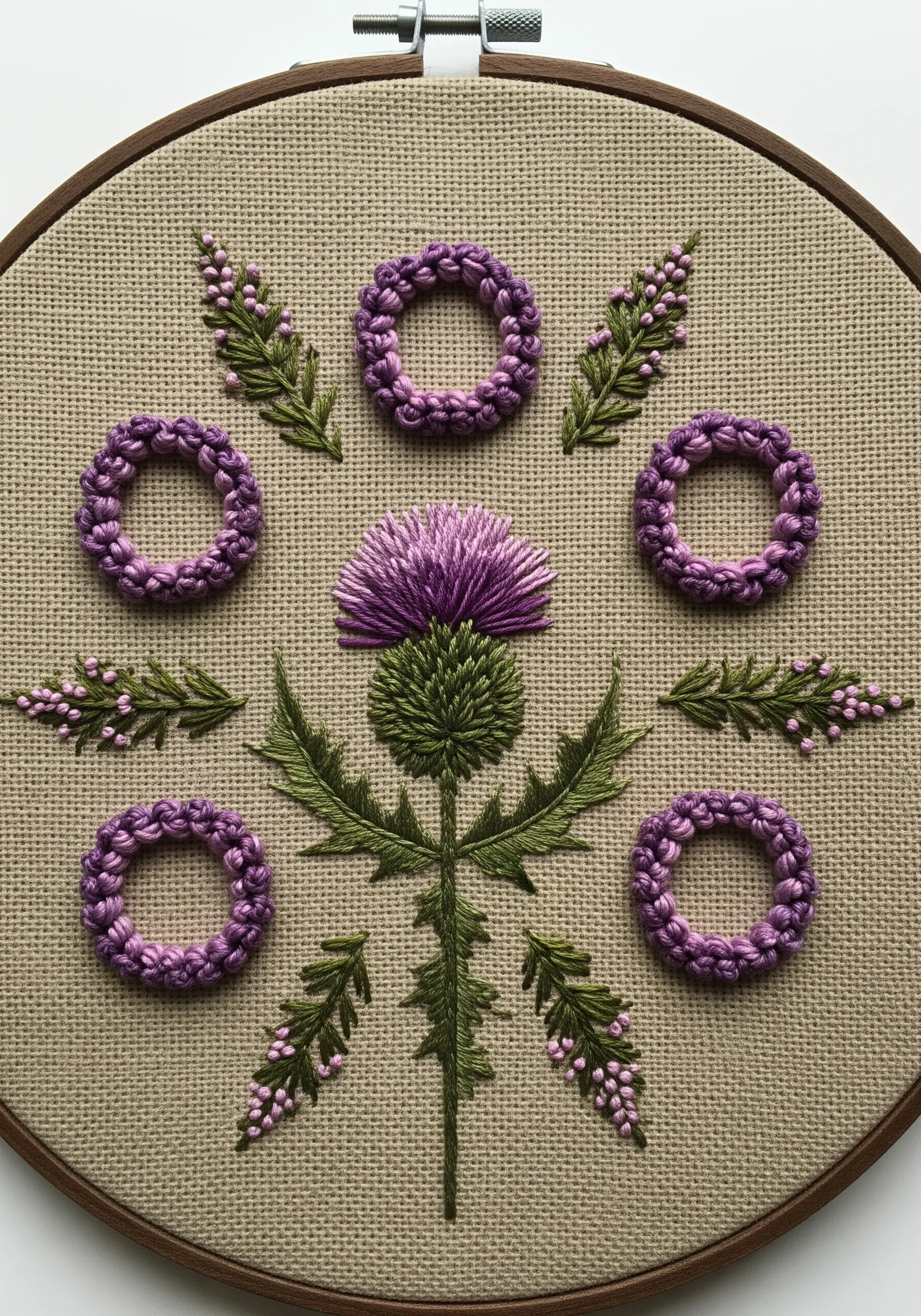 A mandala of Scottish thistles and heather featuring highly textural stitches.