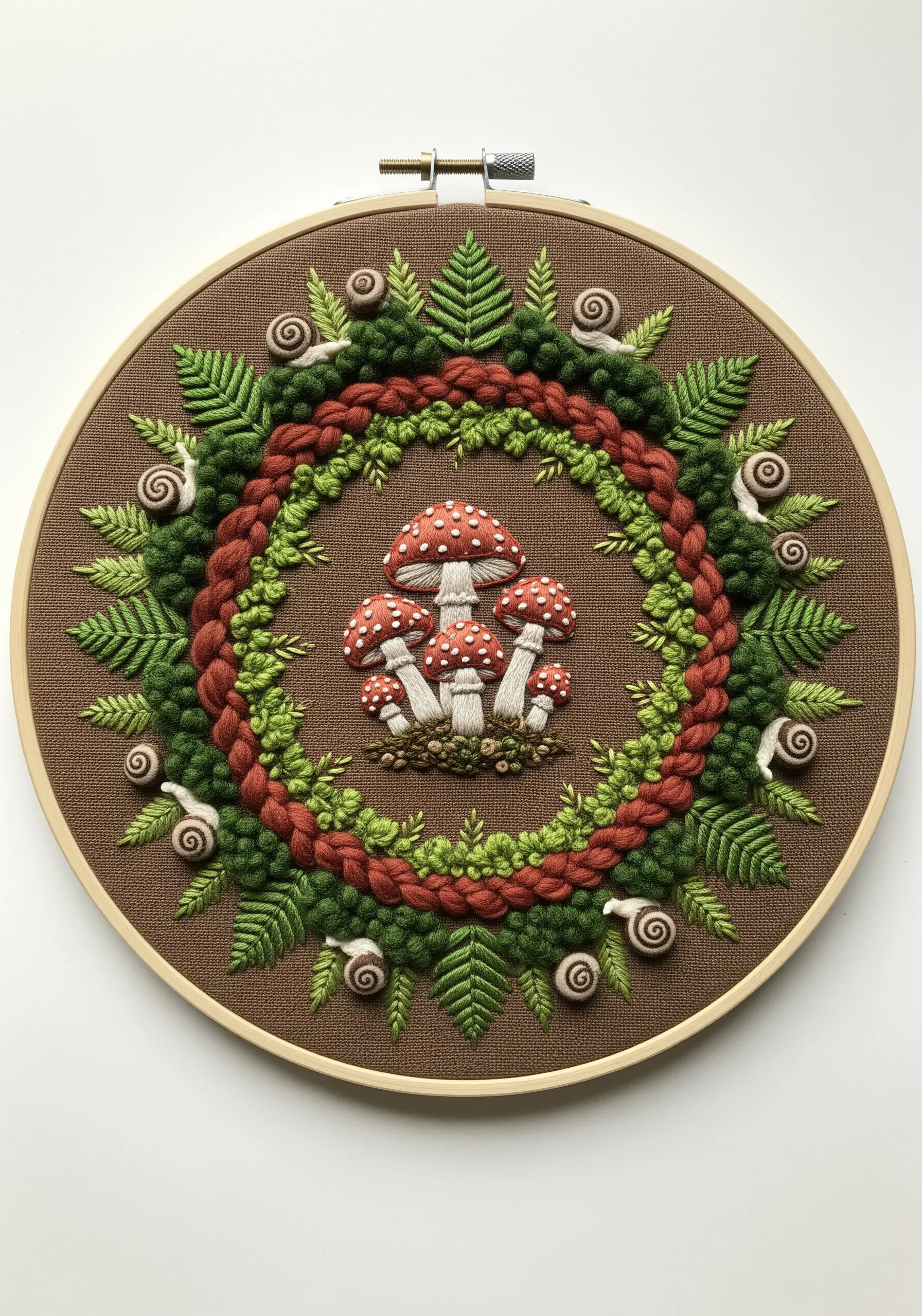 Embroidered woodland mandala with mushrooms, ferns, and snails.