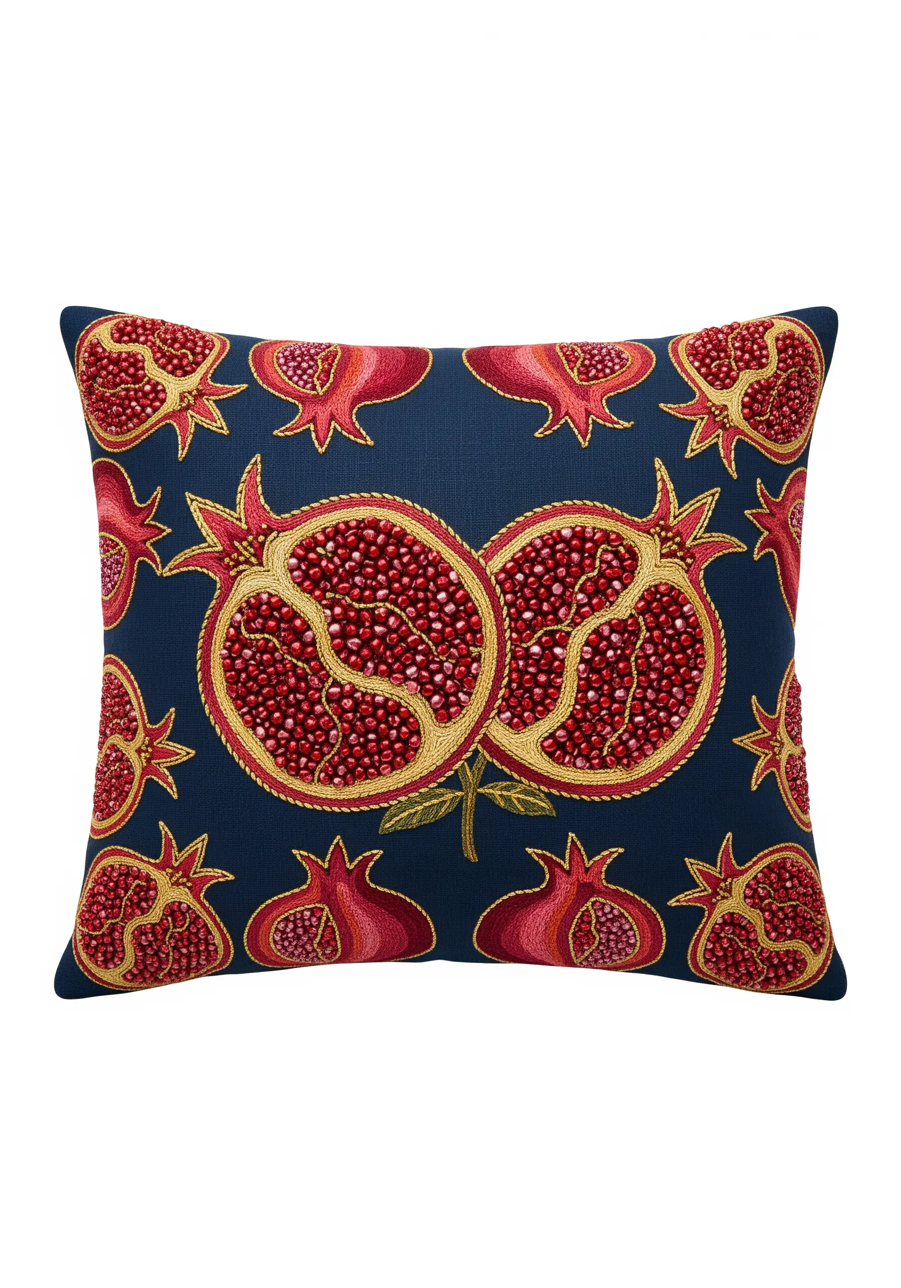 Embroidered pomegranates with French knot seeds and satin stitch peels on a blue cushion