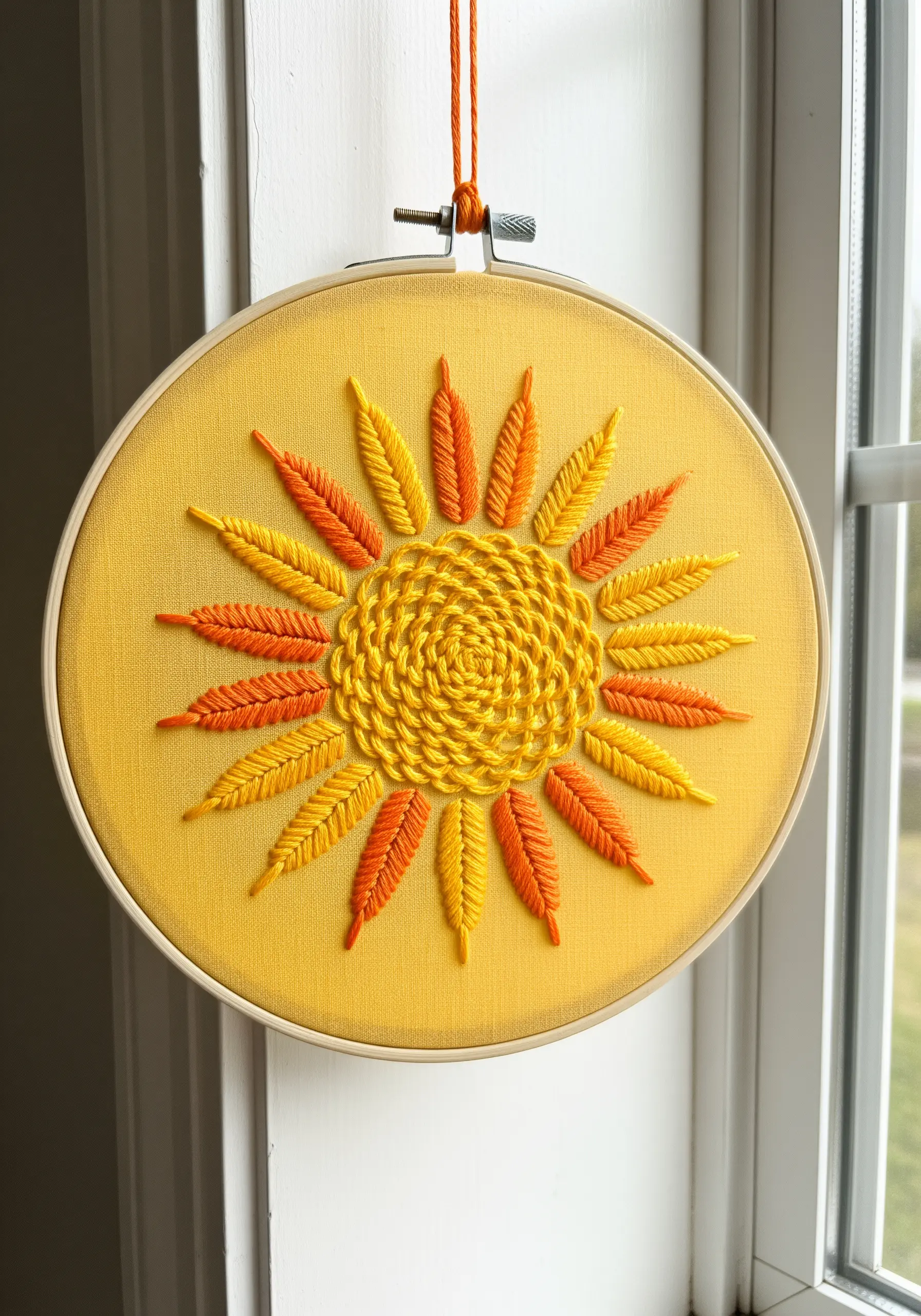 A vibrant sun mandala with a textured chain stitch center and two-toned fishbone stitch rays.
