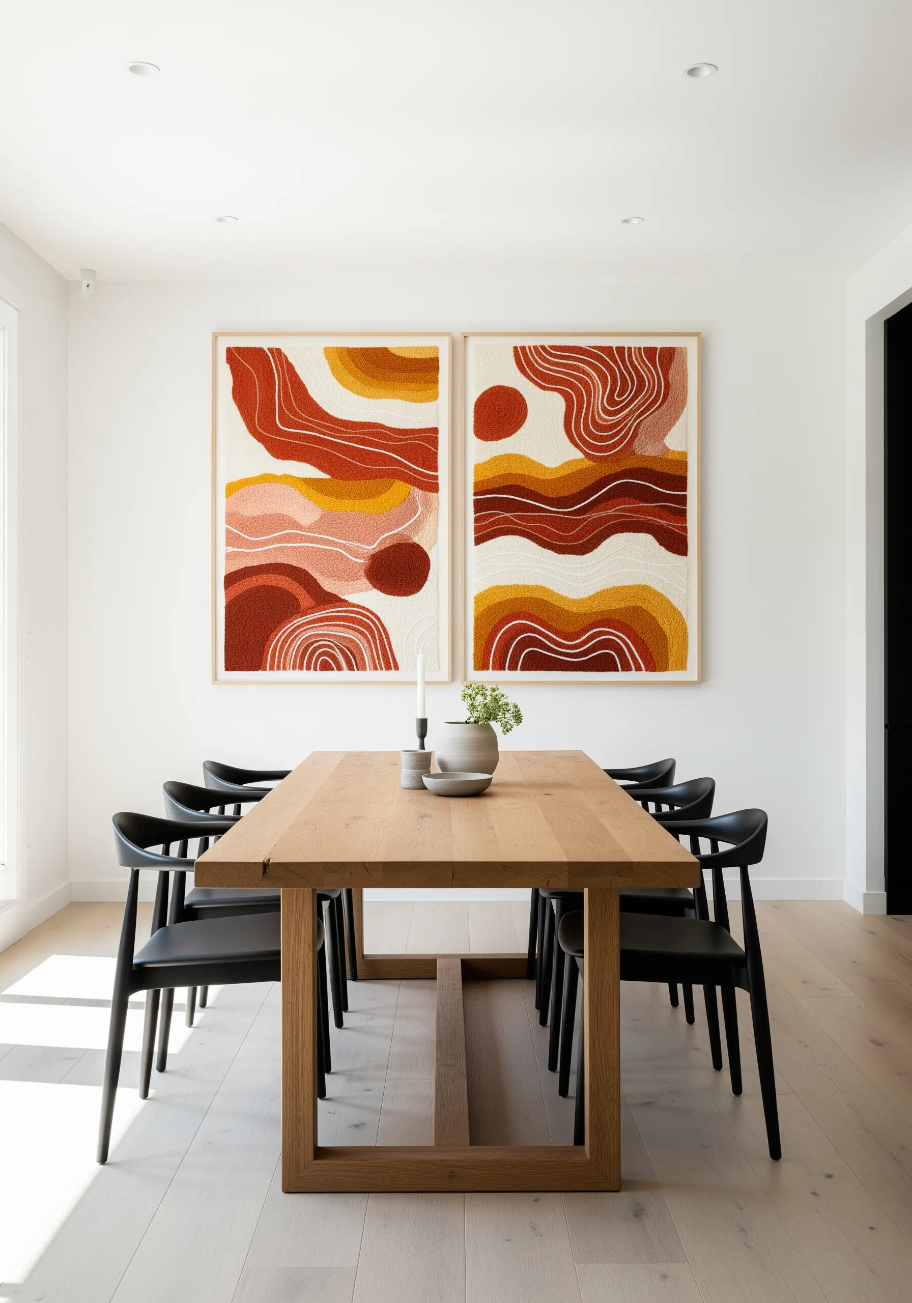 Two large framed abstract embroidery pieces with earthy tones and textural punch needle work.