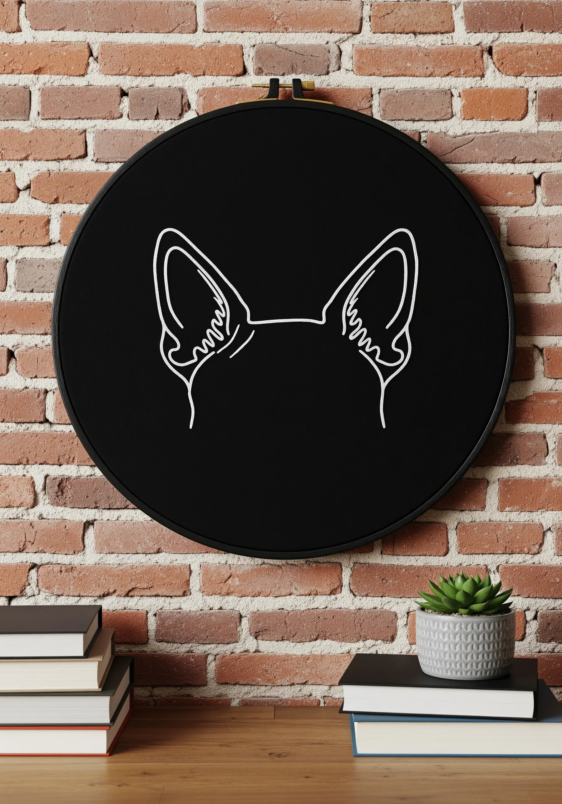 Minimalist white line embroidery of dog ears on black fabric in a black hoop.