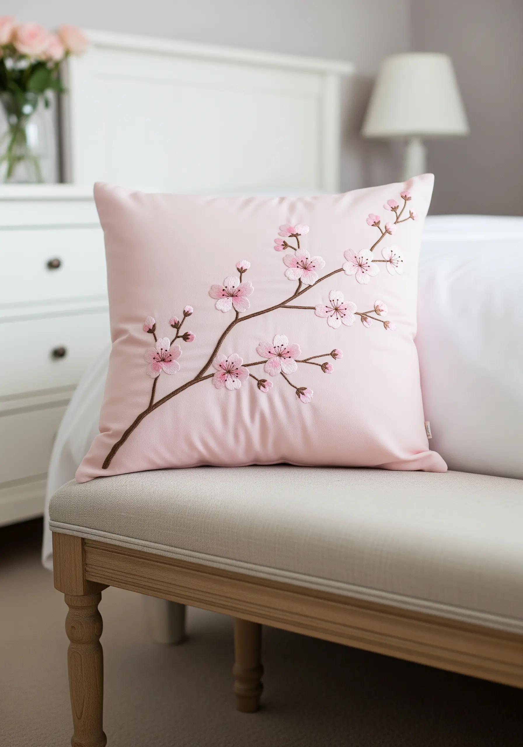 An embroidered branch of pink cherry blossoms on a light pink square pillow.