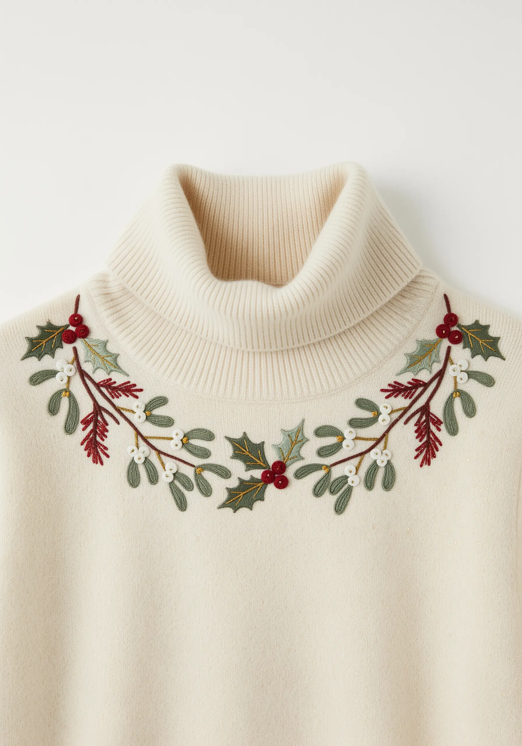 Holly and mistletoe embroidery design on a cream turtleneck collar.