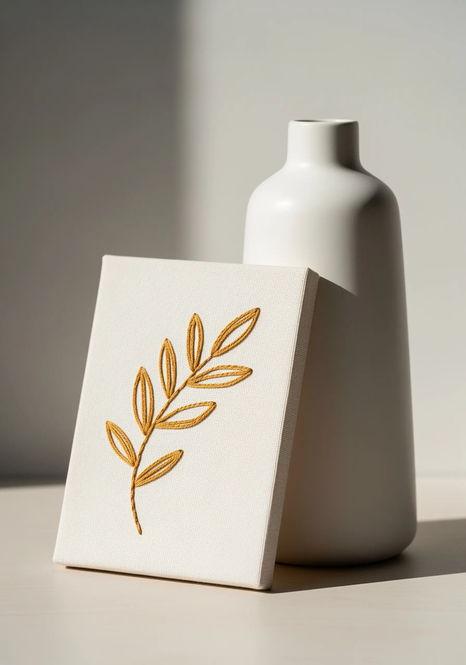 A single leaf branch embroidered in golden thread on a stretched canvas.