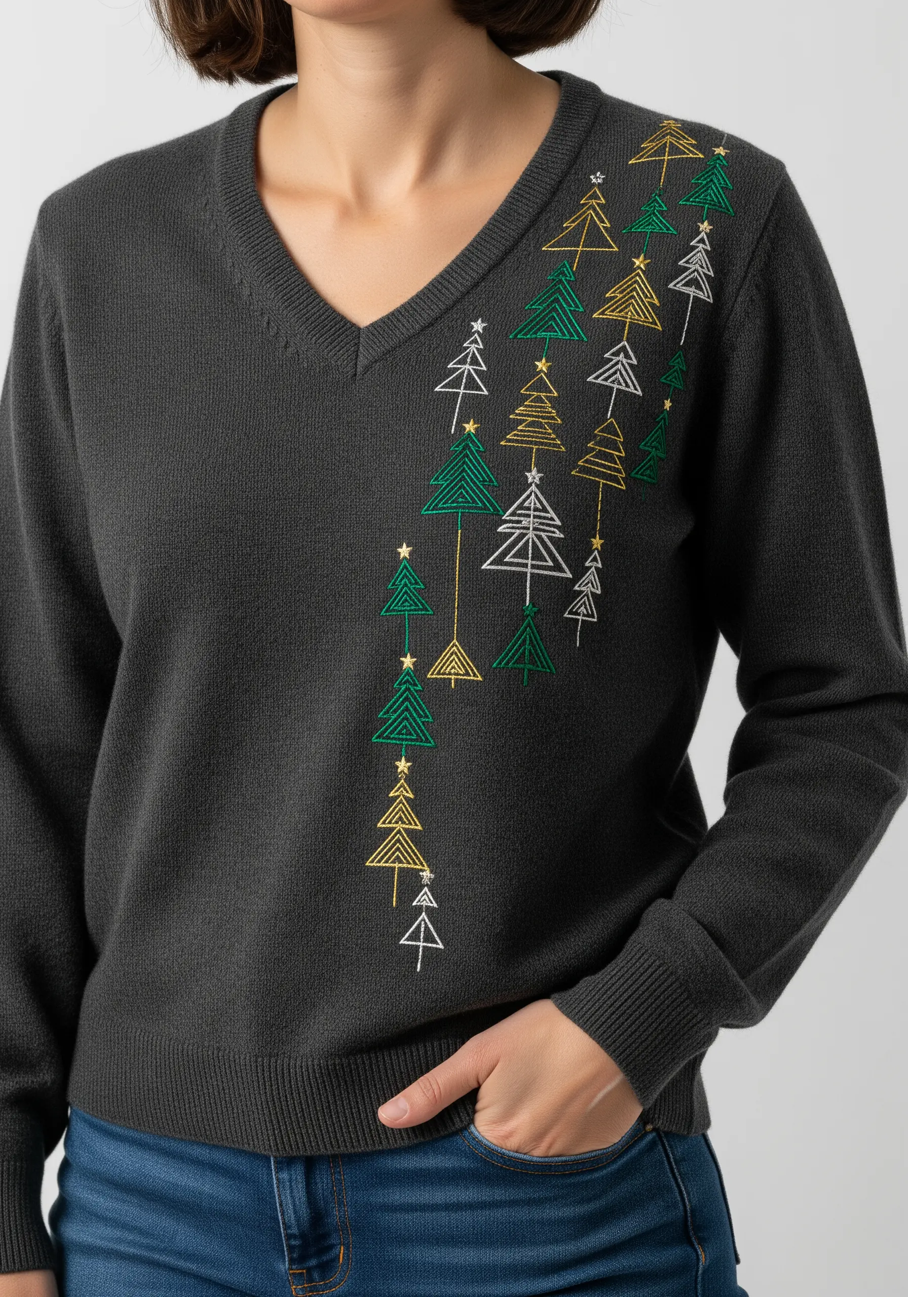 Minimalist geometric Christmas trees embroidered down a V-neck sweater.