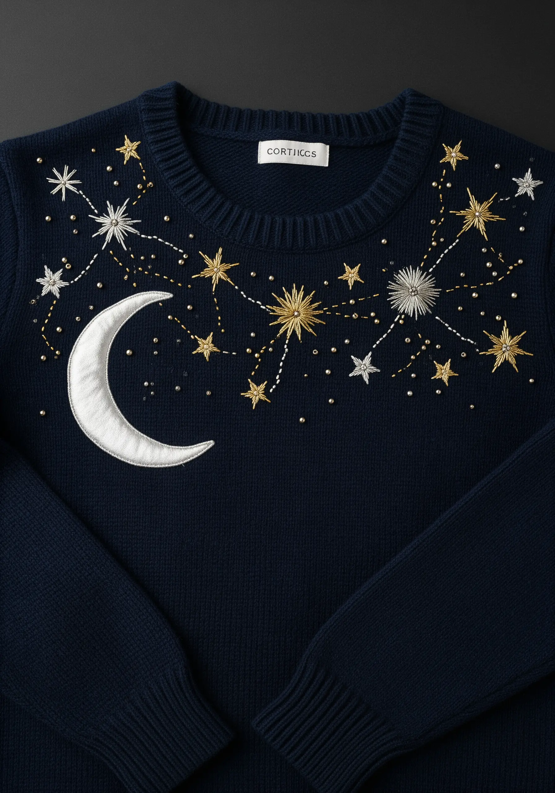 Embroidered stars and a satin appliqué moon on a dark blue sweater.