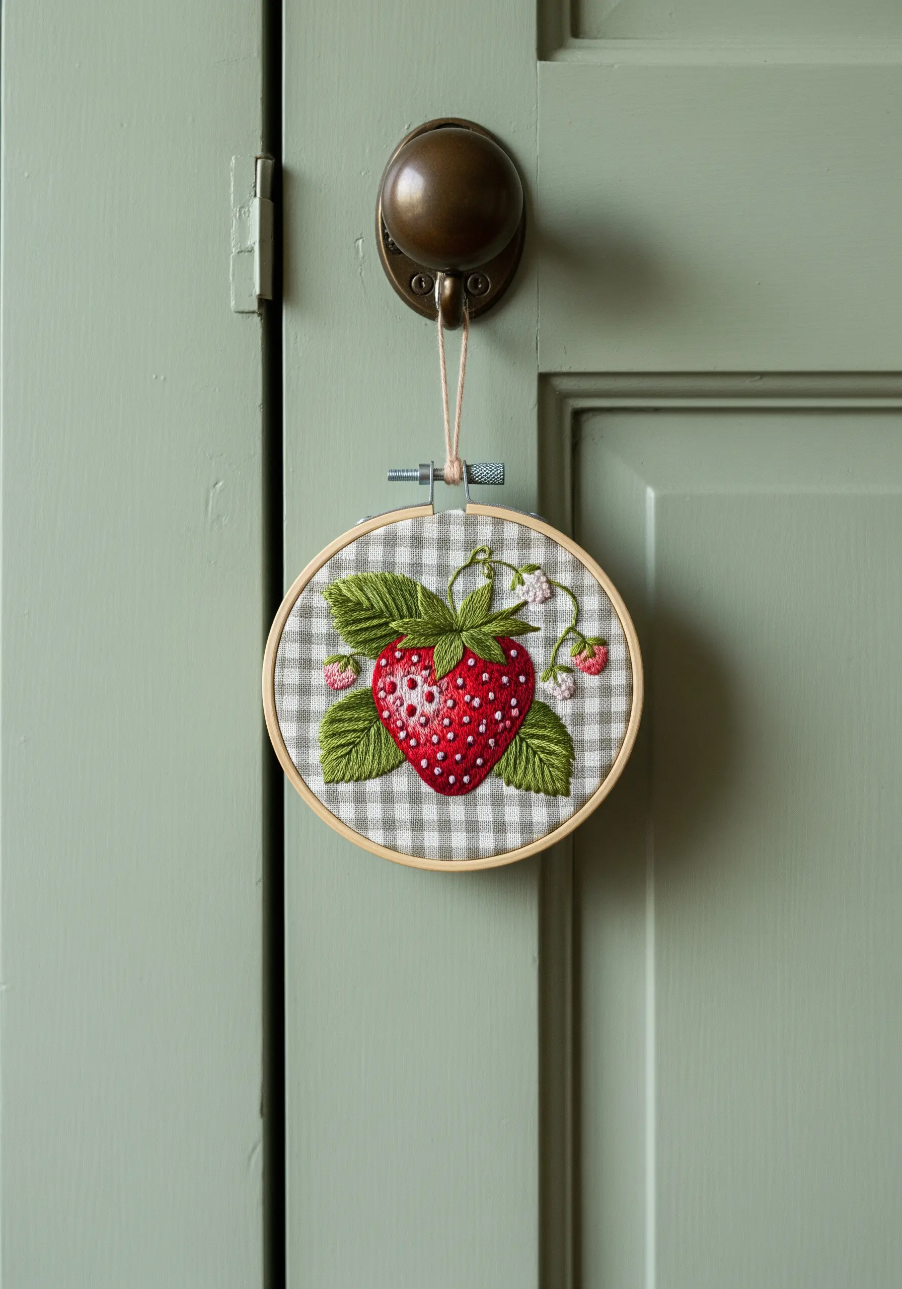 A detailed embroidery of a strawberry on a green and white gingham fabric background.