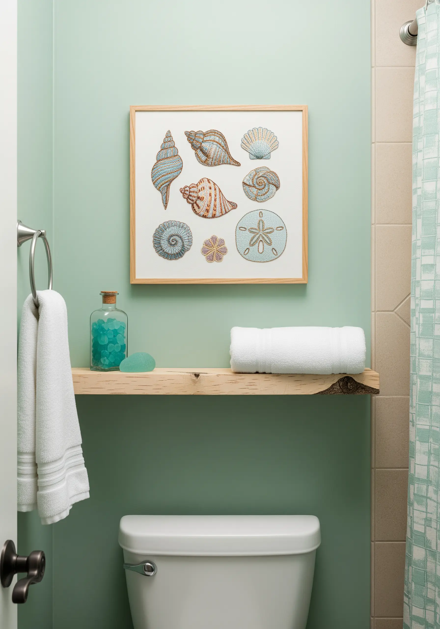 Framed embroidery of nine different seashells with intricate line work.